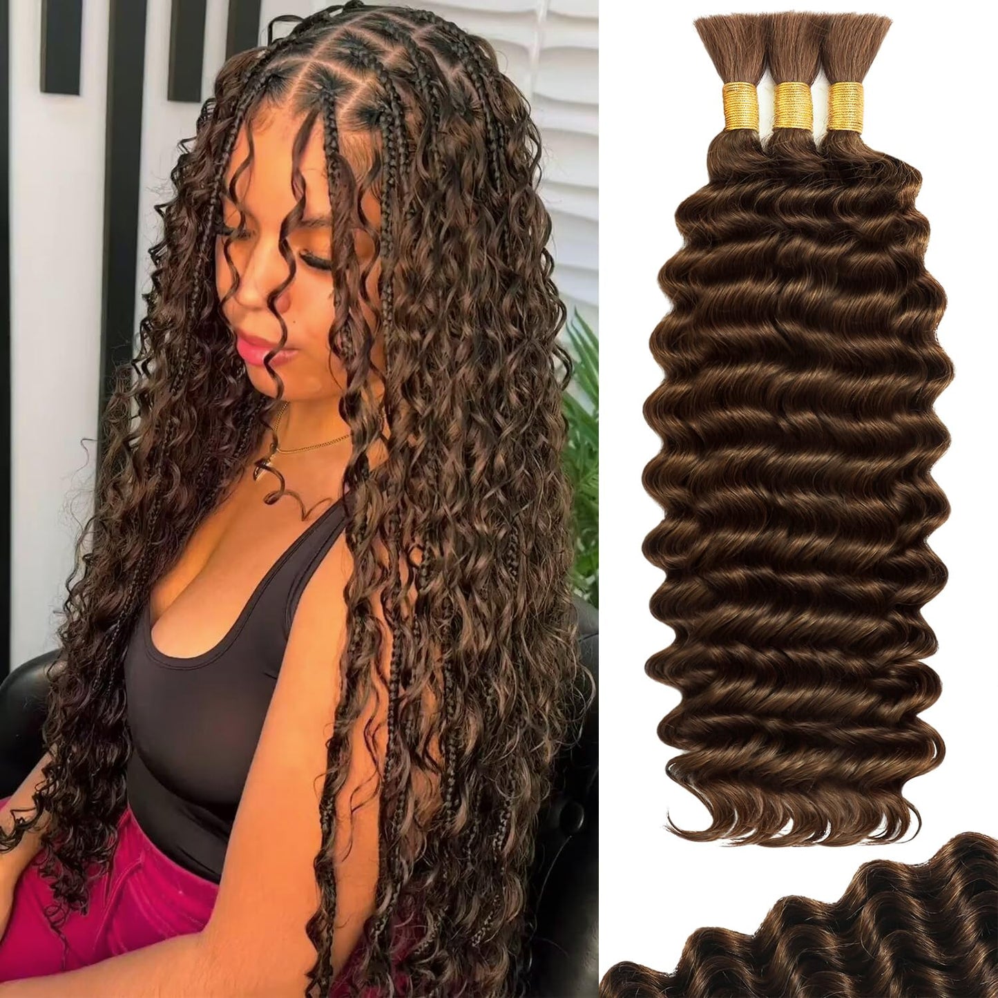 Human Braiding Hair for Boho Braids 110g 20 Inch Deep Wave Boho Bulk Human Hair for Braiding Knotless 12A Wet and Wavy Bohemian 3 No Weft Bundles/Pack Curly Braids