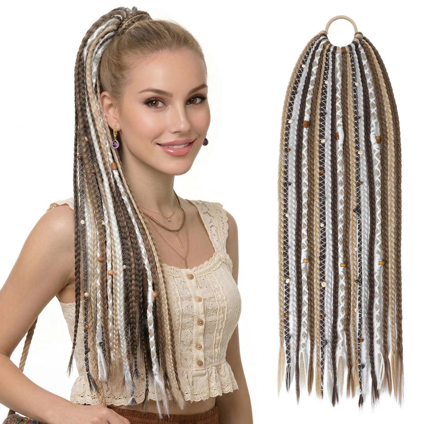 Boho Braided Ponytail Extension with Hair Tie, 24" Long Viking Dreadlock Beads Ponytail Hand-braided Braids Hair Extensions Lightweight Natural Synthetic Hairpiece for Festival Cosplay