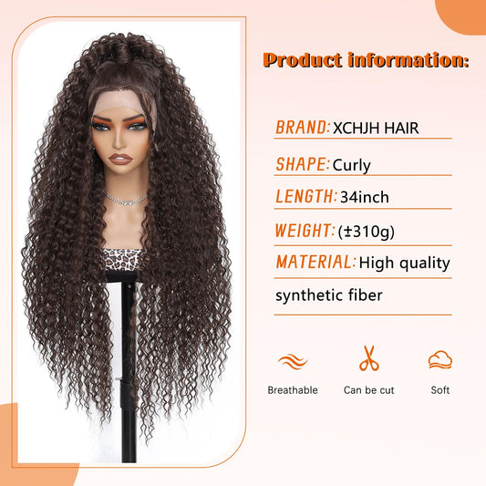 Deep Wave Synthetic Lace Front Wigs Long Curly Wigs for Women 34 inch Natural Looking Middle Wig for Daily Party Use
