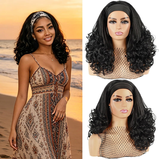 Wig Yaki Curly Headband Wigs for Black Women Kinky Straight Curly Headband Wigs Synthetic Wear and Go Glueless Half Wig for Daily Use (Black, 16inch)