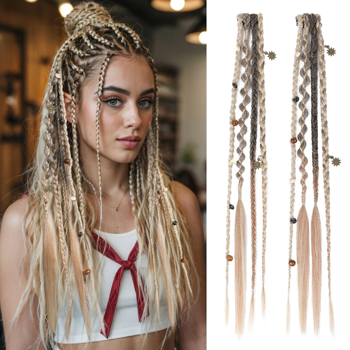 Clip in Braids for Women, 16" Boho Dreadlock Clip in Braids with Beads & Charms, 2PCS Handmade Synthetic Braided Hairpieces for Cosplay Daily Styling Music Festival