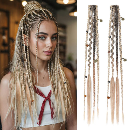 Clip in Braids for Women, 16" Boho Dreadlock Clip in Braids with Beads & Charms, 2PCS Handmade Synthetic Braided Hairpieces for Cosplay Daily Styling Music Festival