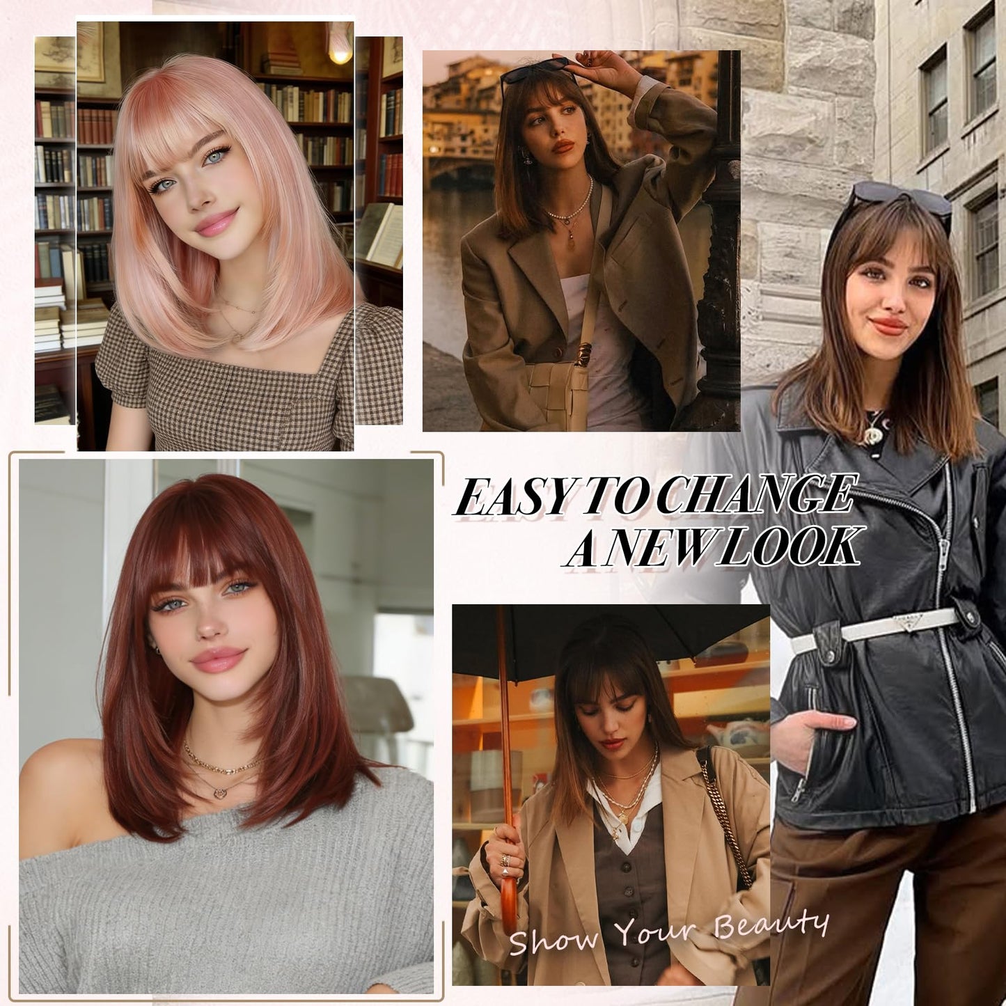 Bob Wigs with Bangs Shoulder Length Straight Natural Looking Synthetic Heat Resistant Medium Hair Wigs for Women Daily Party, 16 Inch