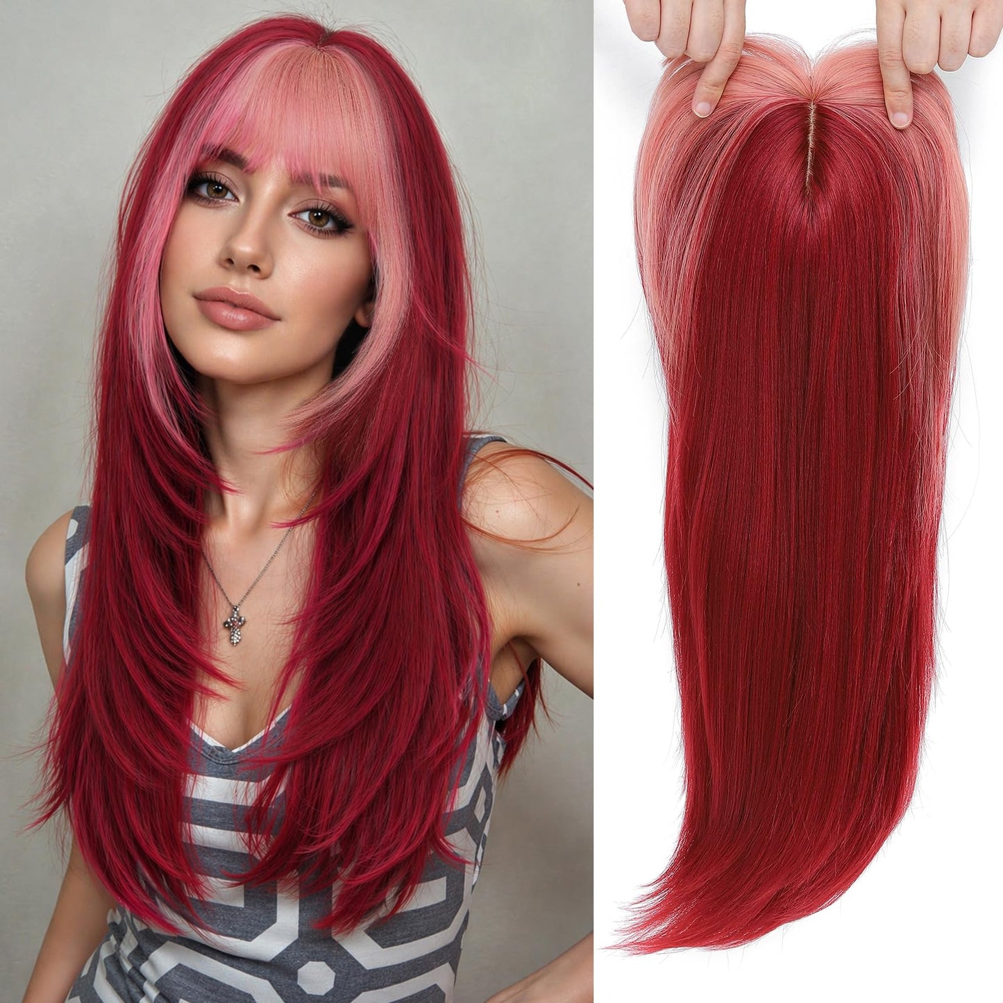 Hair Topper,360° 3D Hair Toppers for Women with Thinning,7"X 8" Large Base 22 Inch Long Layered Synthetic Wig with Bangs for Daily Use