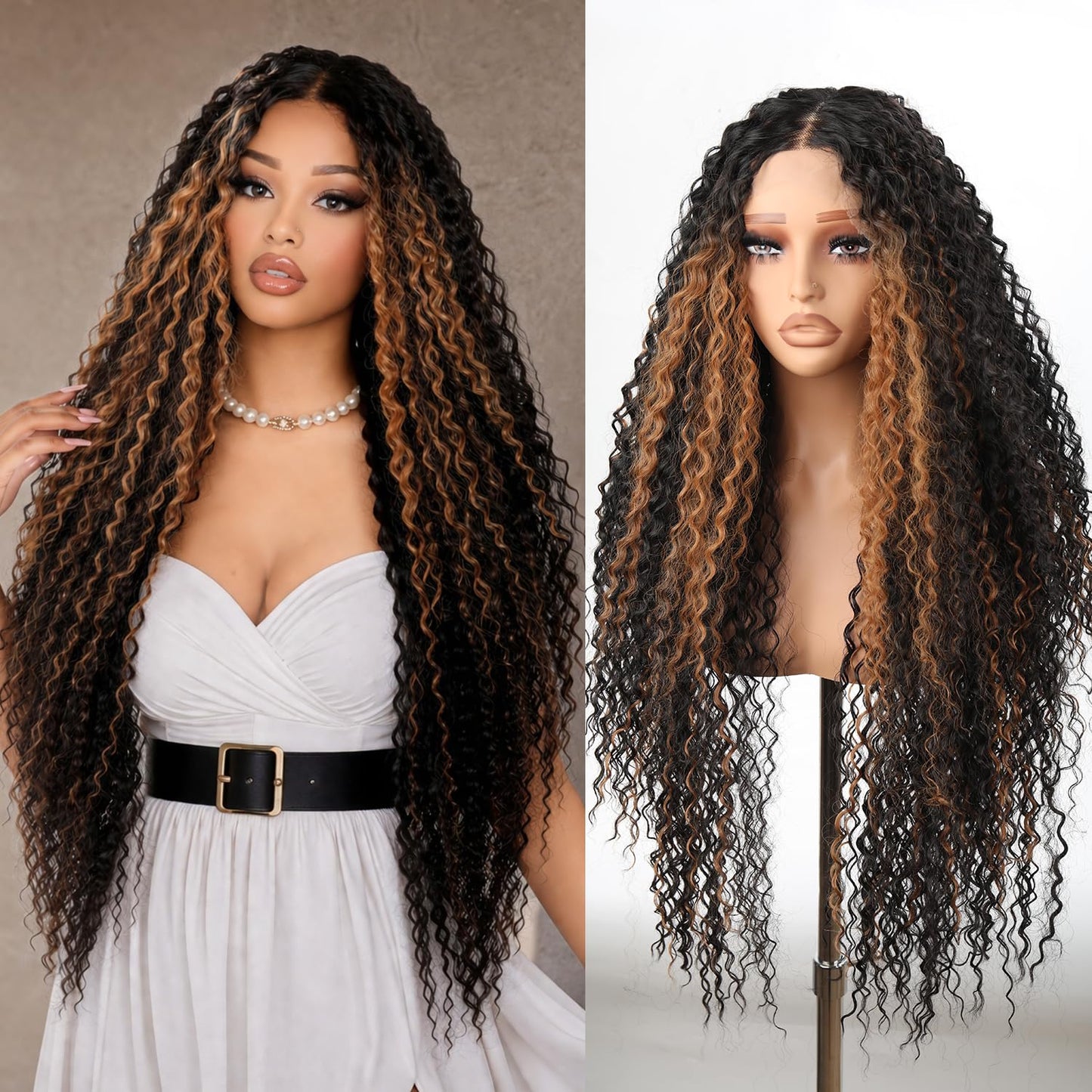 Deep Wave Synthetic Lace Front Wigs Long Curly Wigs for Women 34 inch Natural Looking Middle Wig for Daily Party Use