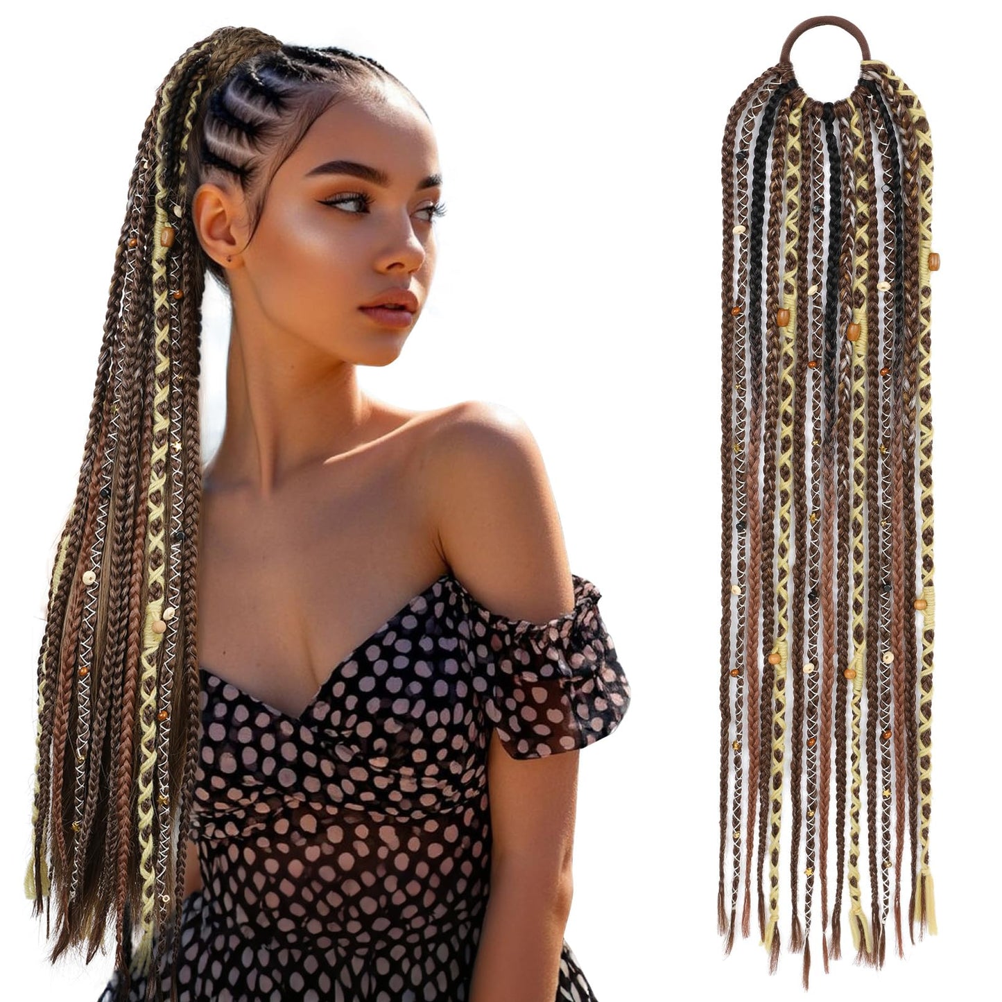 Boho Braided Ponytail Extension with Hair Tie, 24" Long Viking Dreadlock Beads Ponytail Hand-braided Braids Hair Extensions Lightweight Natural Synthetic Hairpiece for Festival Cosplay