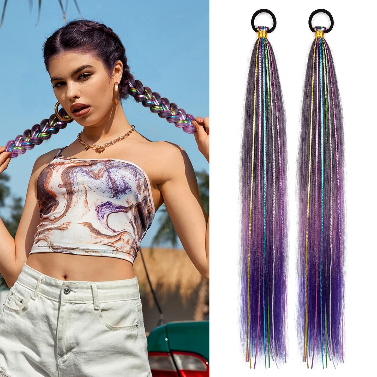 26 Inch Hair Tinsel Colored Hair Braided Ponytail Extension
