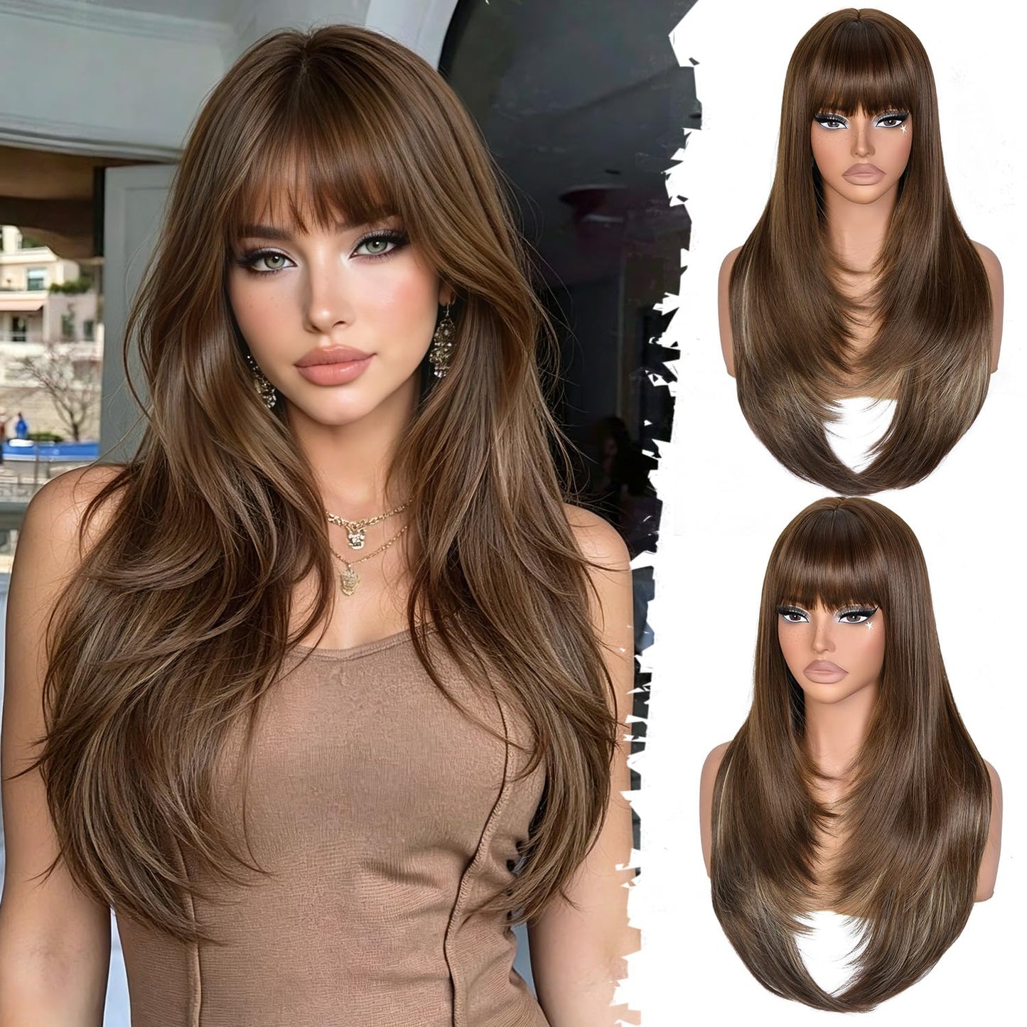 Long Layered Wig with Bangs for Women Synthetic Heat Resistant Realistic Scalp Free Parting Bang Wigs for Daily and Party Use
