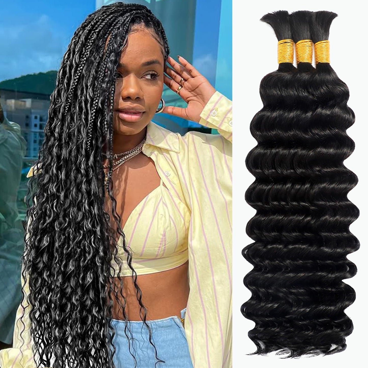 Human Braiding Hair for Boho Braids 110g 20 Inch Deep Wave Boho Bulk Human Hair for Braiding Knotless 12A Wet and Wavy Bohemian 3 No Weft Bundles/Pack Curly Braids