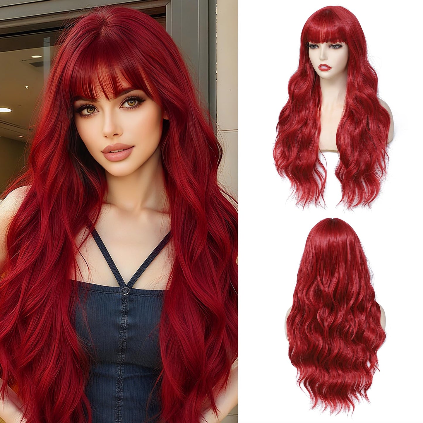 Wig With Bangs Long Wavy Curly Wig with Synthetic Heat Resistant Wigs for Women Daily Party Use
