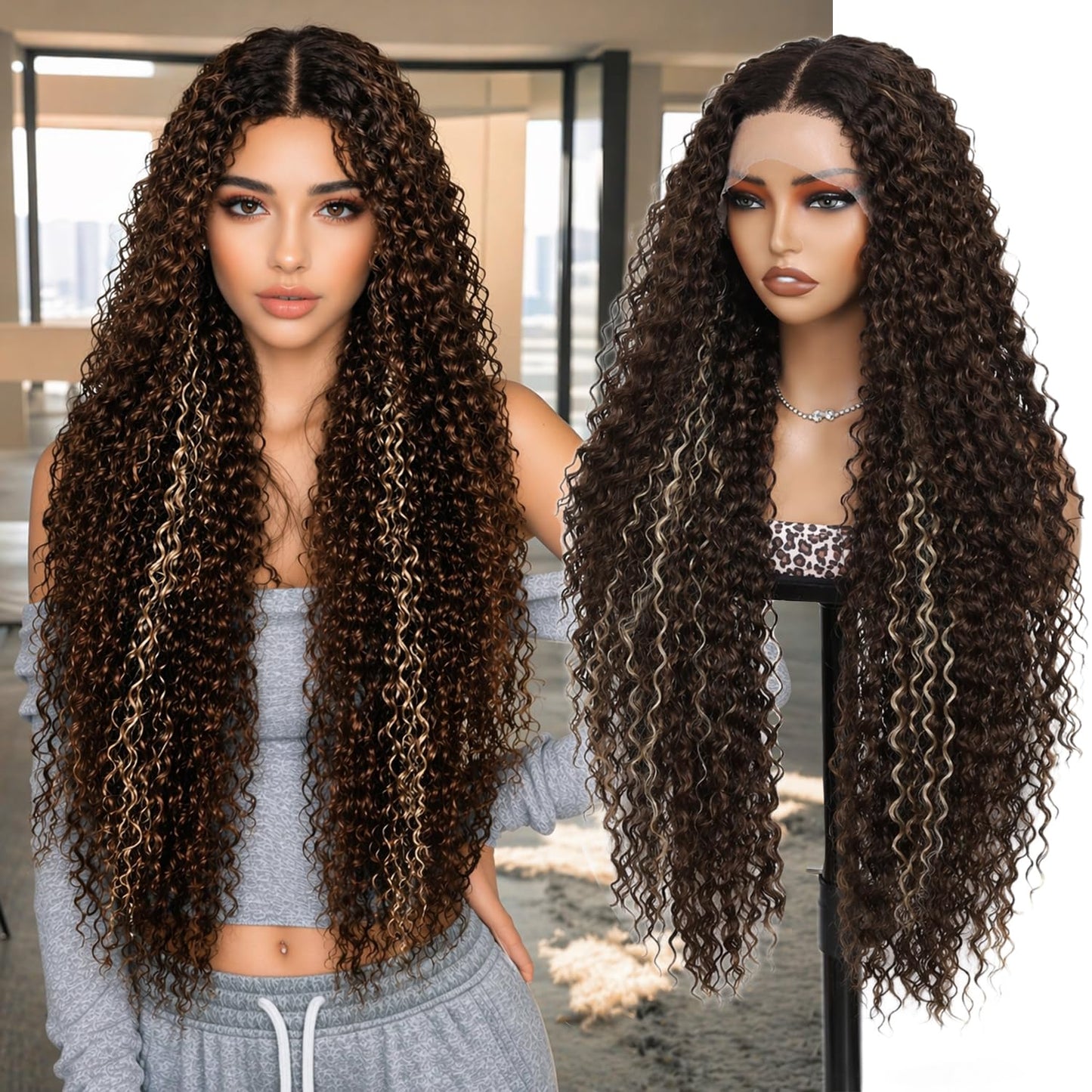 Deep Wave Synthetic Lace Front Wigs Long Curly Wigs for Women 34 inch Natural Looking Middle Wig for Daily Party Use
