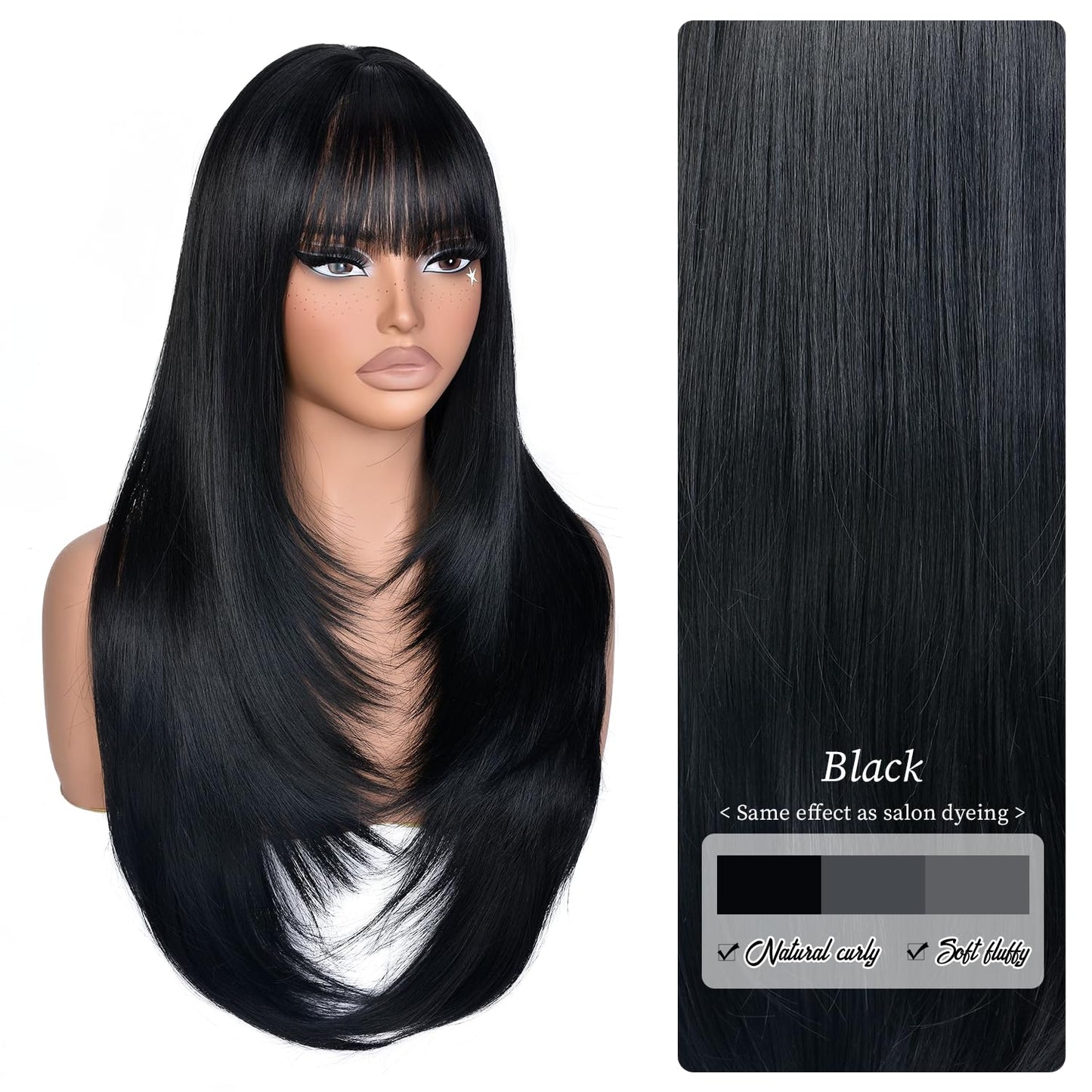Long Layered Wig with Bangs for Women Synthetic Heat Resistant Realistic Scalp Free Parting Bang Wigs for Daily and Party Use