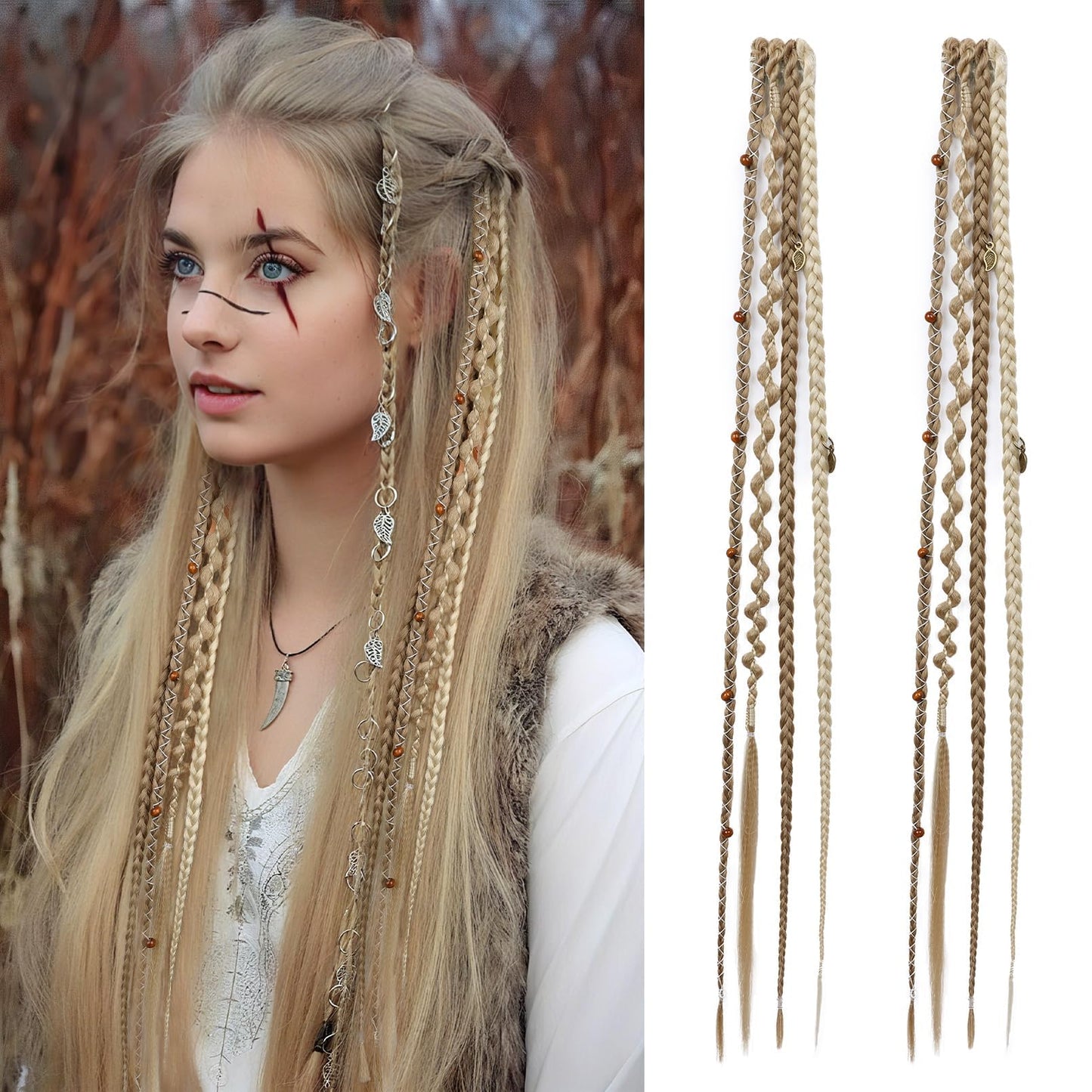 Clip in Braids for Women, 16" Boho Dreadlock Clip in Braids with Beads & Charms, 2PCS Handmade Synthetic Braided Hairpieces for Cosplay Daily Styling Music Festival