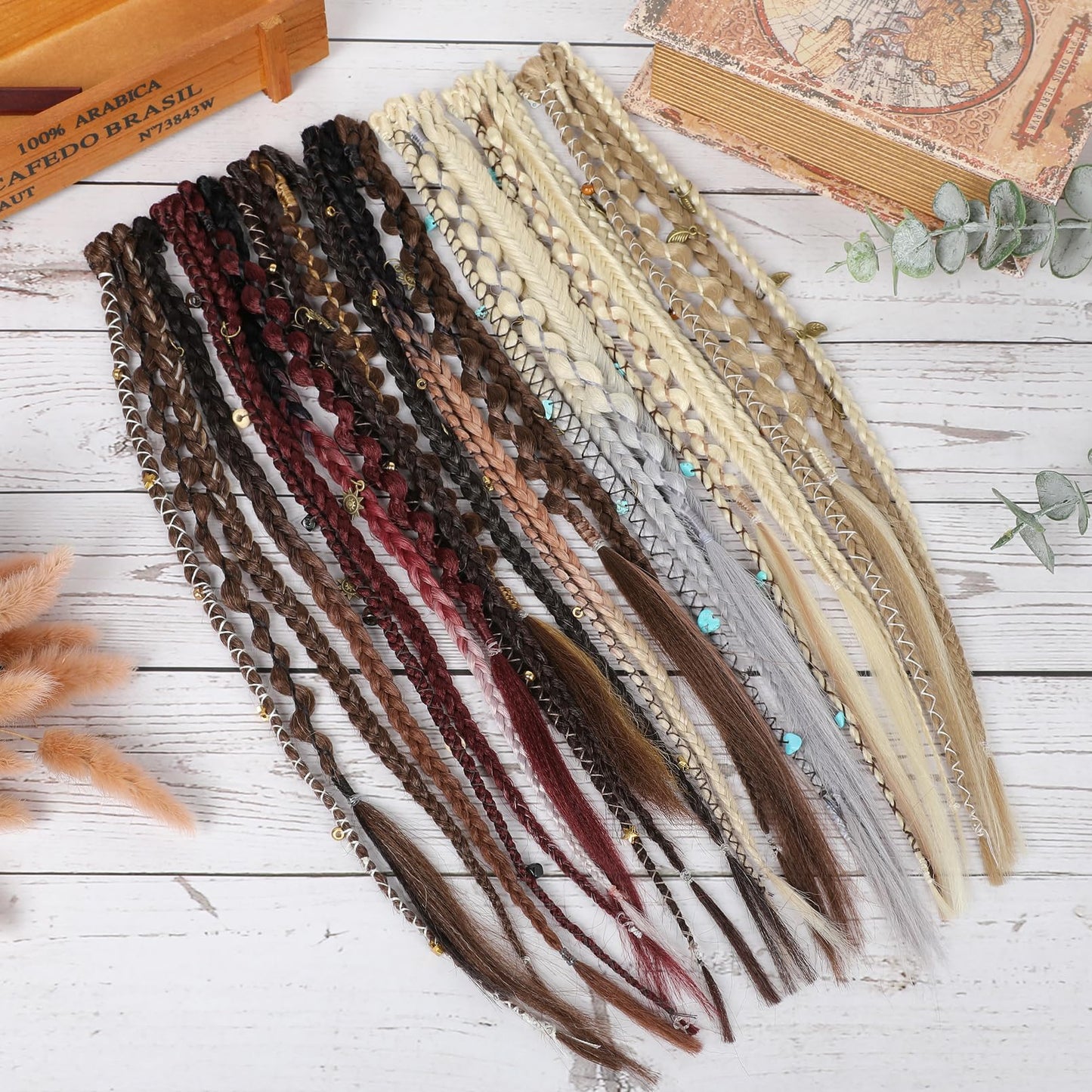 Clip in Braids for Women, 16" Boho Dreadlock Clip in Braids with Beads & Charms, 2PCS Handmade Synthetic Braided Hairpieces for Cosplay Daily Styling Music Festival