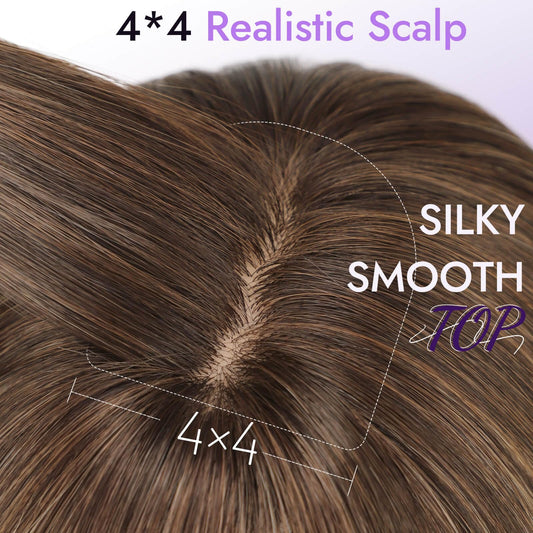 Wig with Bangs for Women Brown Blonde Highlight Straight Face-Framing Layers Hairstyle 4x4 Realistic Scalp Glueless Synthetic Wigs Medium Length for Everyday Use