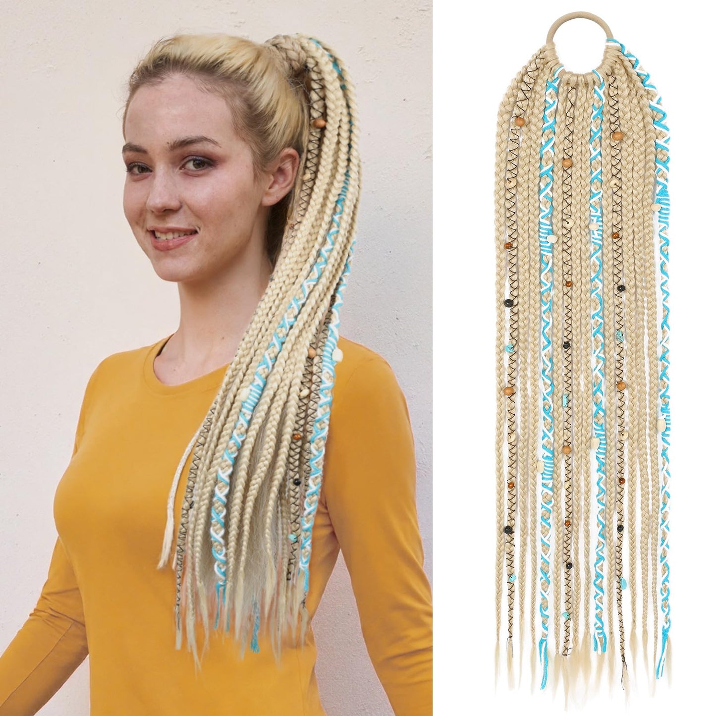 Boho Braided Ponytail Extension with Hair Tie, 24" Long Viking Dreadlock Beads Ponytail Hand-braided Braids Hair Extensions Lightweight Natural Synthetic Hairpiece for Festival Cosplay