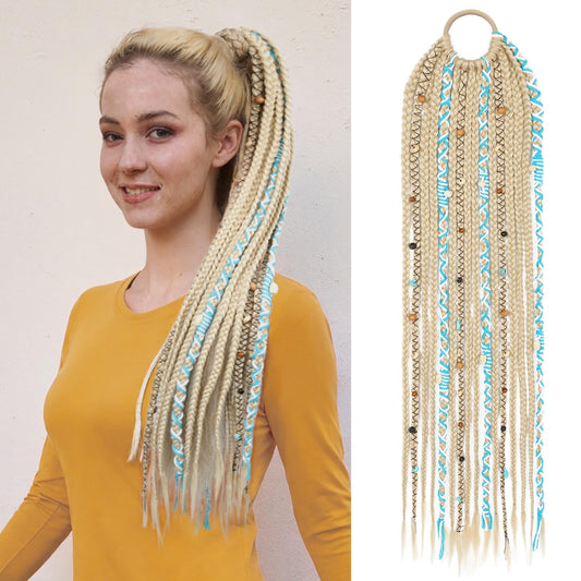 Boho Braided Ponytail Extension with Hair Tie, 24" Long Viking Dreadlock Beads Ponytail Hand-braided Braids Hair Extensions Lightweight Natural Synthetic Hairpiece for Festival Cosplay
