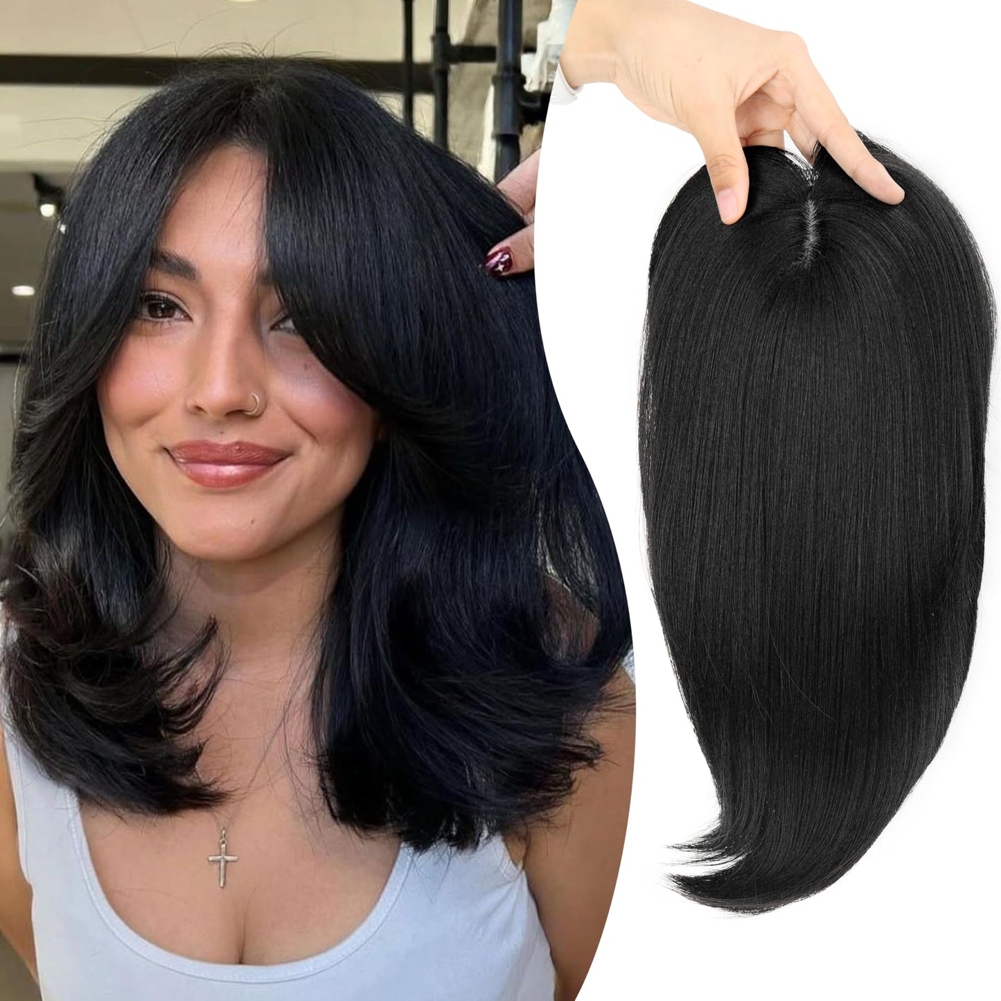 XC CLOUDS Synthetic Hair Topper with Bangs 14 Inch Hair Toppers for Women 5.5" x 5" hand Tied Forehead Hairline 360° 3D Cover Wispy Synthetic hair toppers for thinning hair in Blunt Wispy Bangs