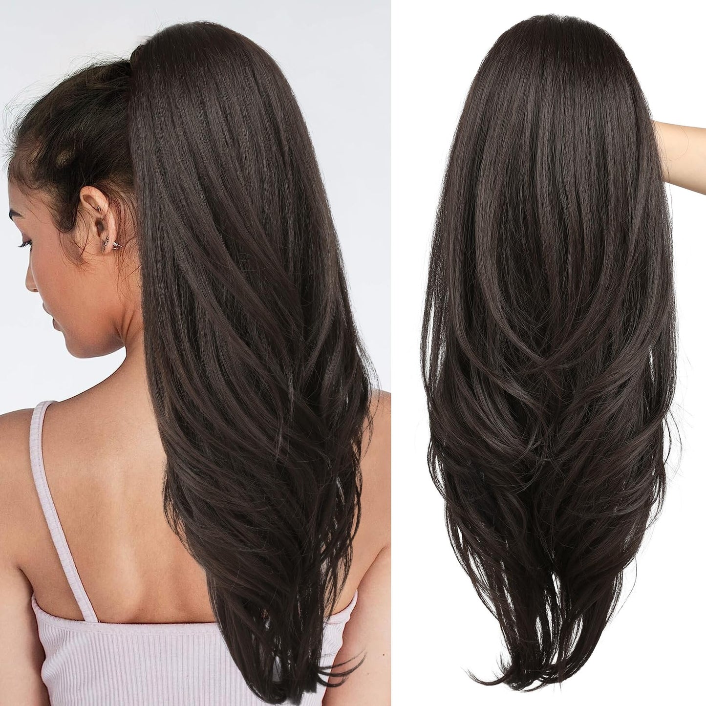 Drawstring Ponytail Extension, Long Wavy Multi Layered Clip in Ponytail Hair Extensions Stand Up High Fake Pony Tail Soft Natural Synthetic Hairpiece