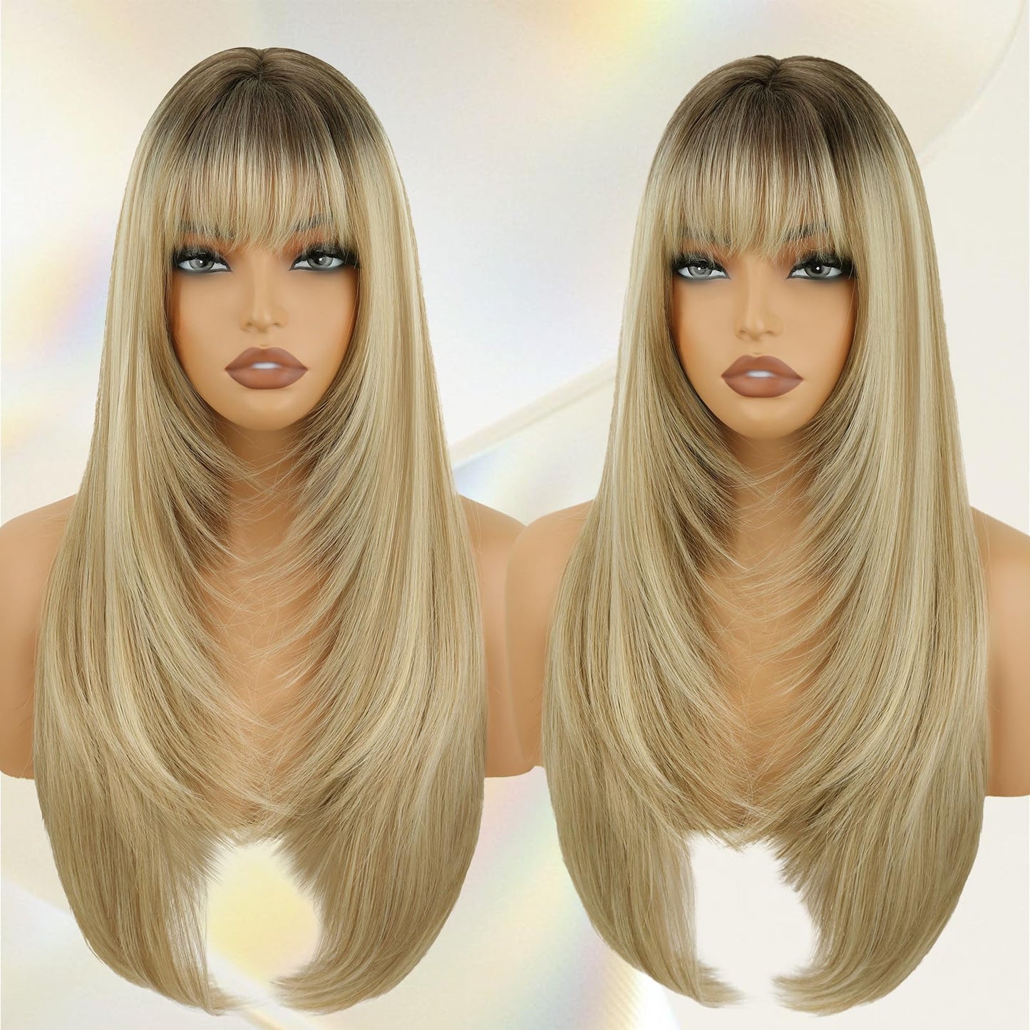 Long Straight Layered Wig with Bangs for Women