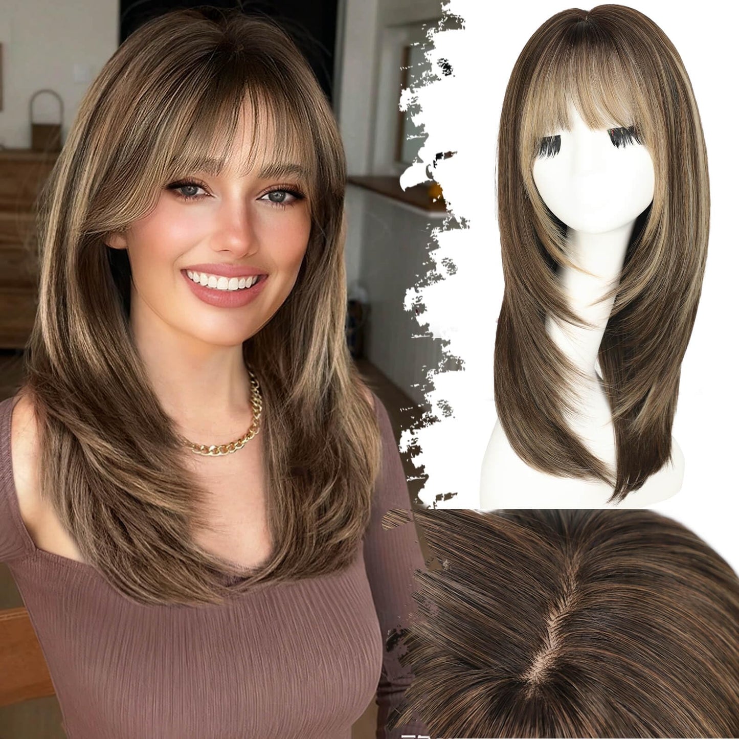 Wig with Bangs for Women Brown Blonde Highlight Straight Face-Framing Layers Hairstyle 4x4 Realistic Scalp Glueless Synthetic Wigs Medium Length for Everyday Use