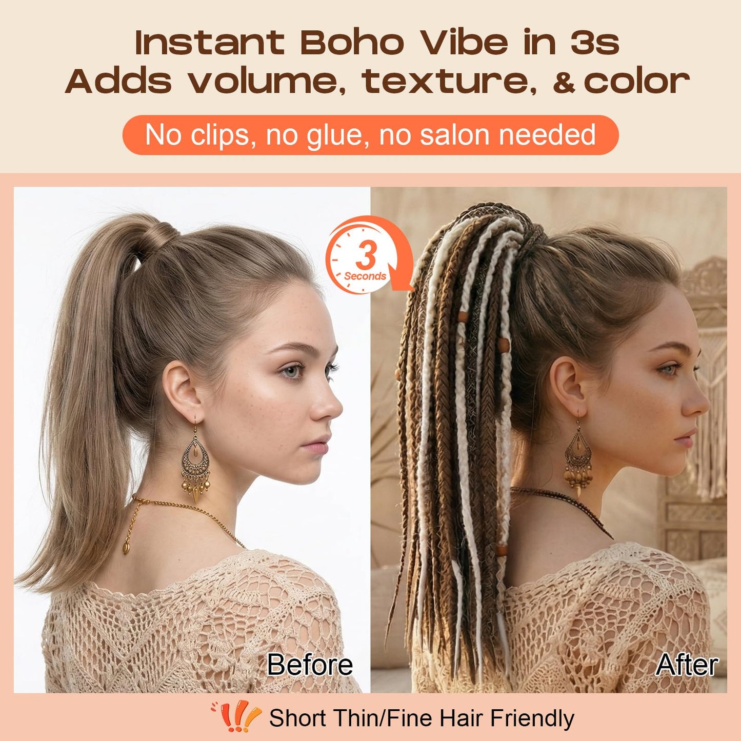 Braided Ponytail Extension on Hair Tie, 16" Full Volume Lightweight Viking Dreadlock Ponytail Braid in Dreadlock Extensions with Beads and Shells, Festival Hair Accessories for Women Girls