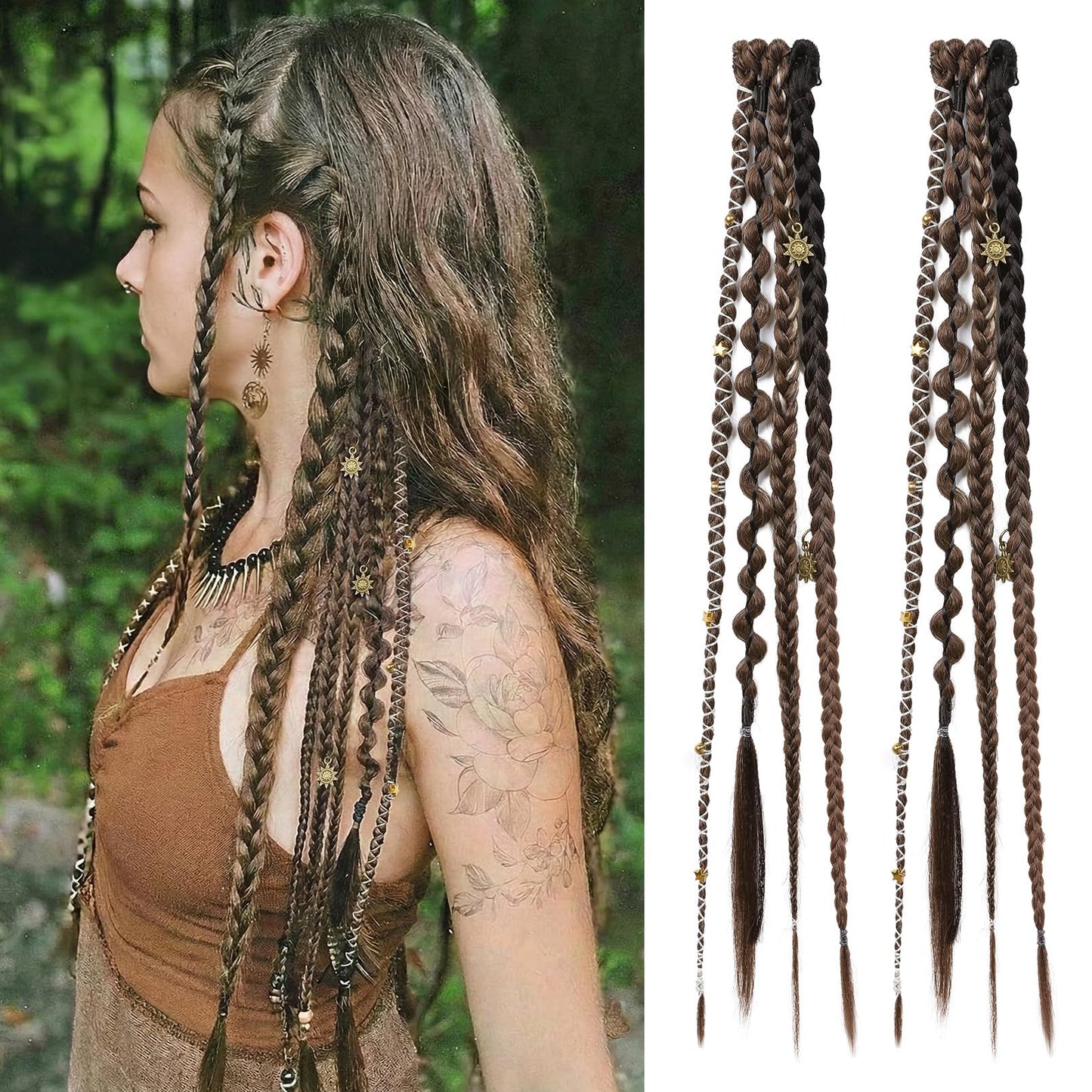 Clip in Braids for Women, 16" Boho Dreadlock Clip in Braids with Beads & Charms, 2PCS Handmade Synthetic Braided Hairpieces for Cosplay Daily Styling Music Festival