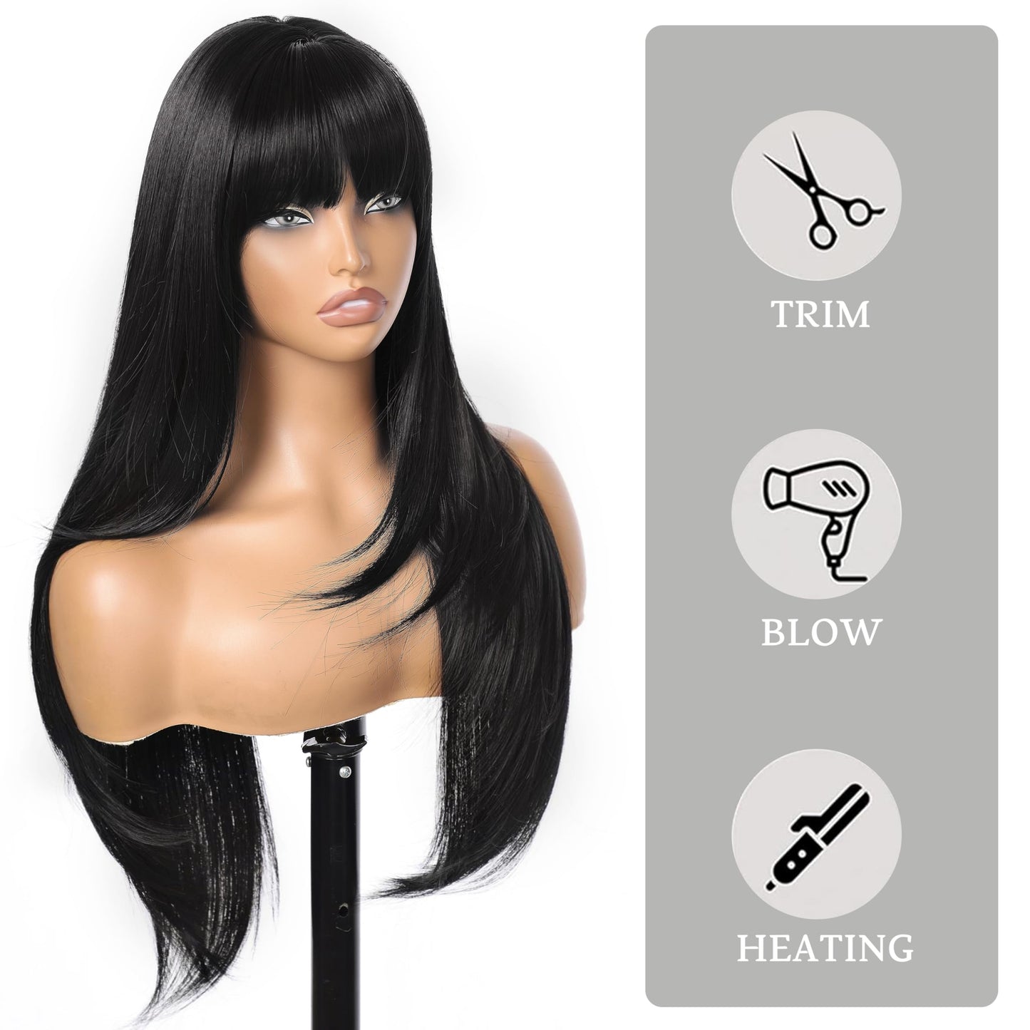 26" Long Layered Wig for Women with Bangs | Realistic Scalp | Freestyle Parting | Heat-Resistant Synthetic Hair