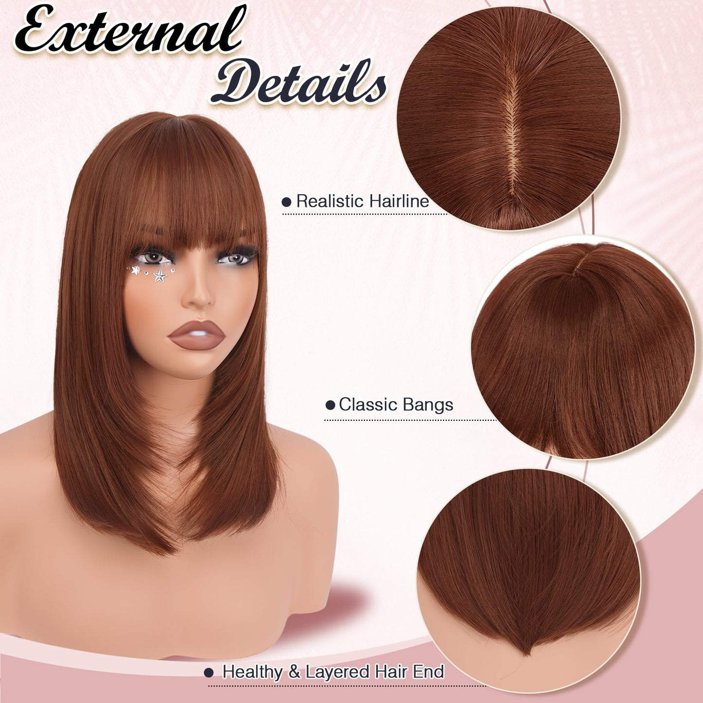 Bob Wigs with Bangs Shoulder Length Straight Natural Looking Synthetic Heat Resistant Medium Hair Wigs for Women Daily Party, 16 Inch