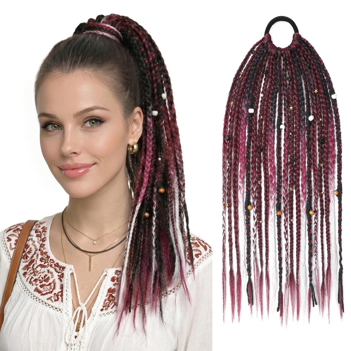 Braided Ponytail Extension on Hair Tie, 16" Full Volume Lightweight Viking Dreadlock Ponytail Braid in Dreadlock Extensions with Beads and Shells, Festival Hair Accessories for Women Girls