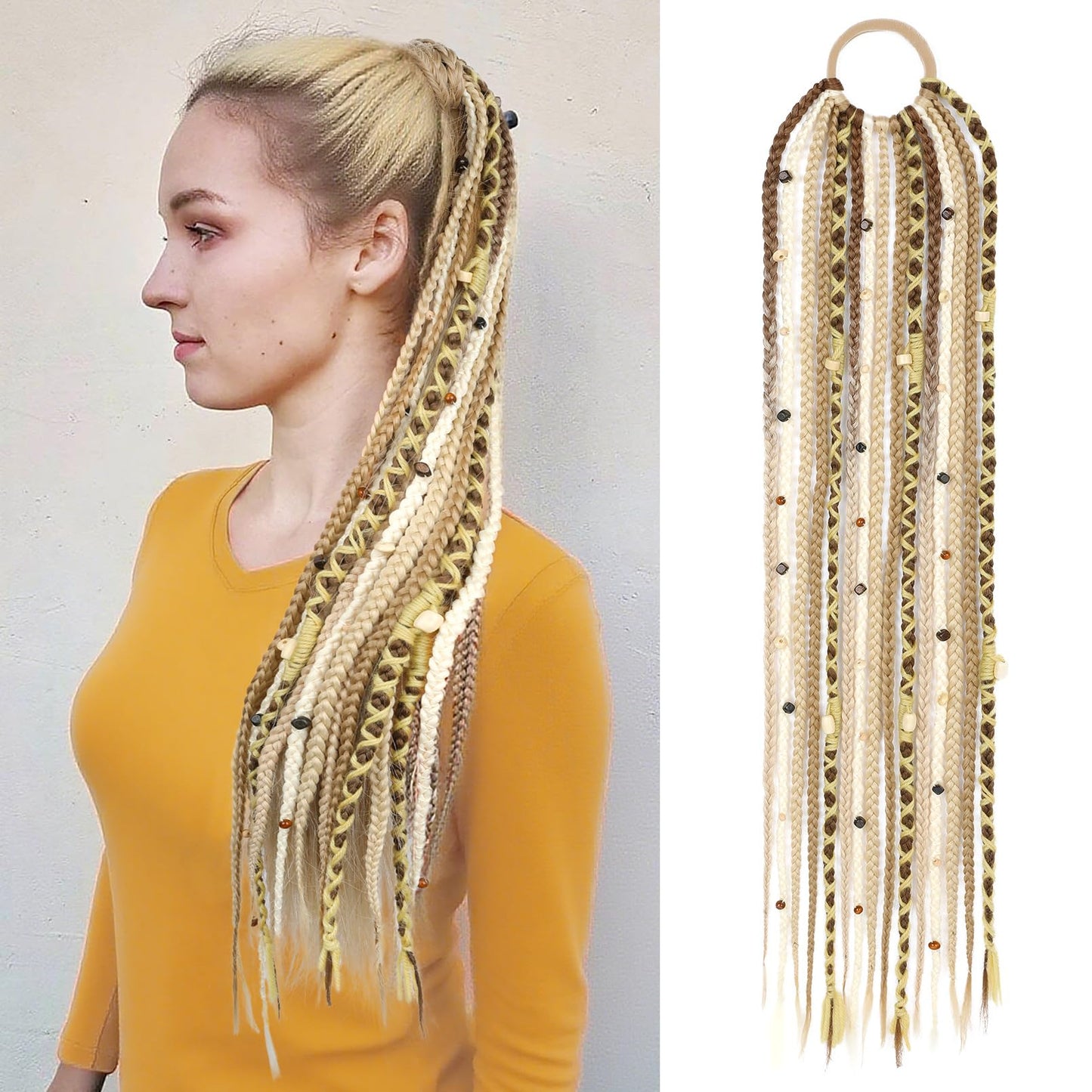Boho Braided Ponytail Extension with Hair Tie, 24" Long Viking Dreadlock Beads Ponytail Hand-braided Braids Hair Extensions Lightweight Natural Synthetic Hairpiece for Festival Cosplay