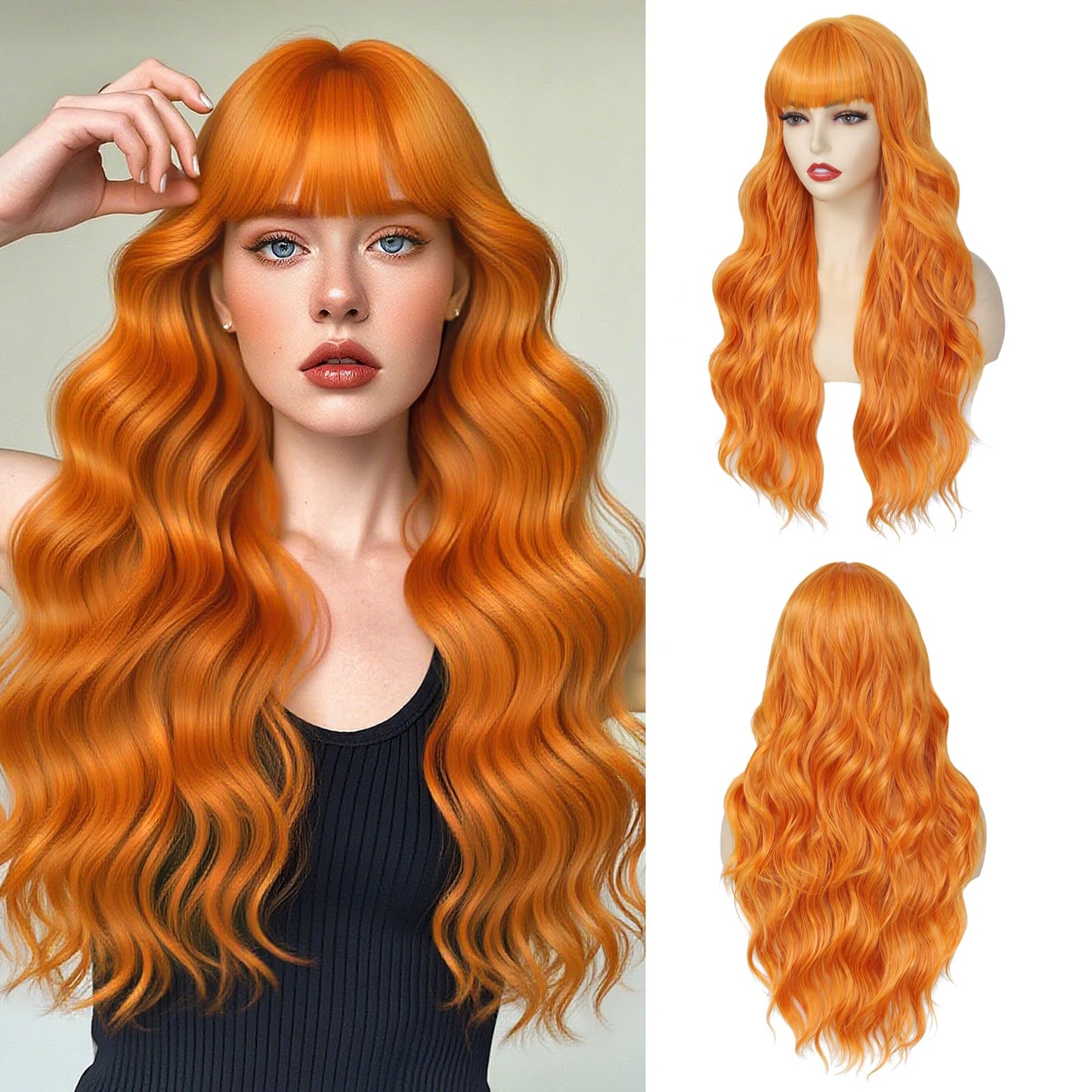 Wig With Bangs Long Wavy Curly Wig with Synthetic Heat Resistant Wigs for Women Daily Party Use