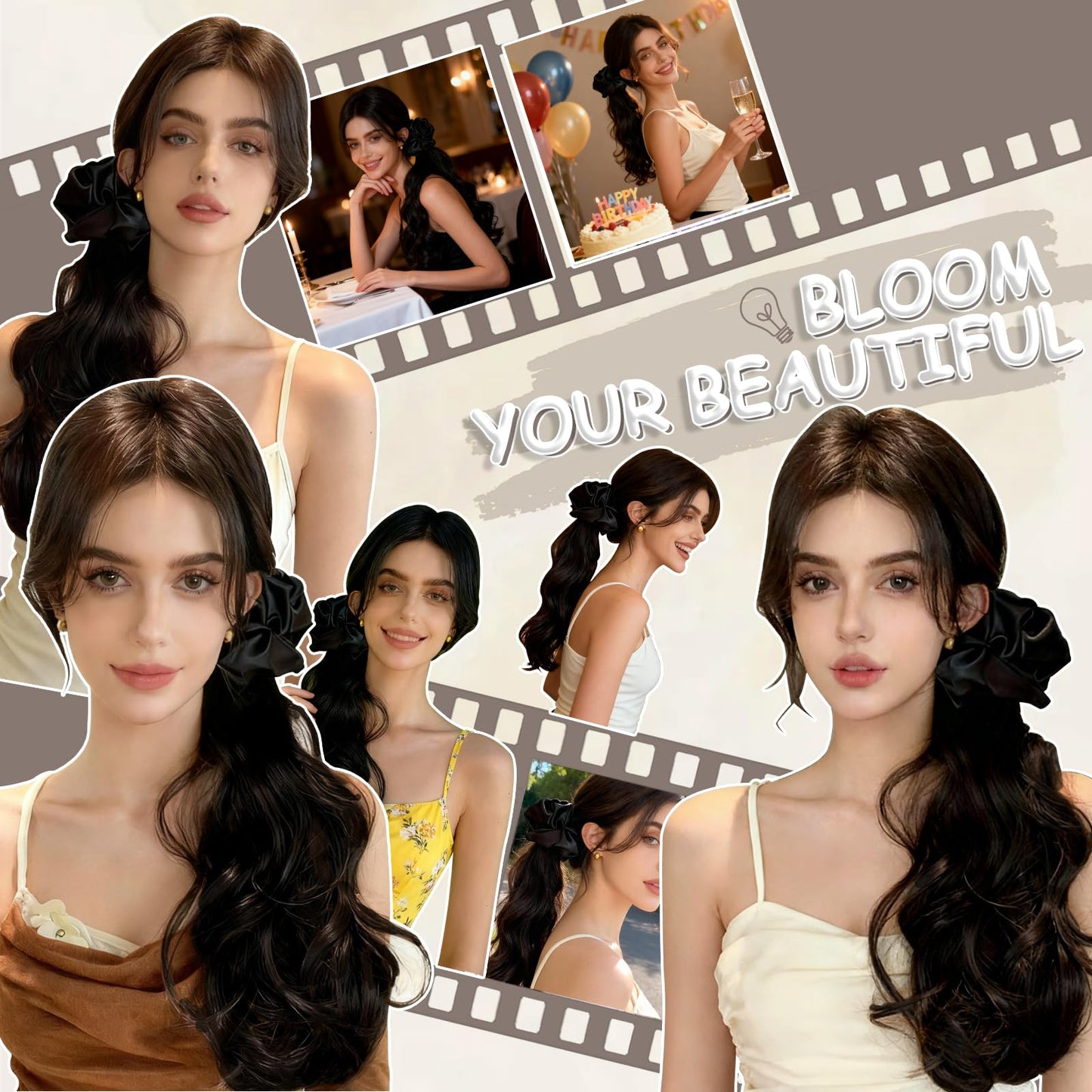 15 Inch Long Ponytail Extension with Scrunchie Non-Slip Fluffy Soft Synthetic Claw Clip Ponytail Hairpiece for Women Vacation Date Christmas Party Cosplay Concert Wedding