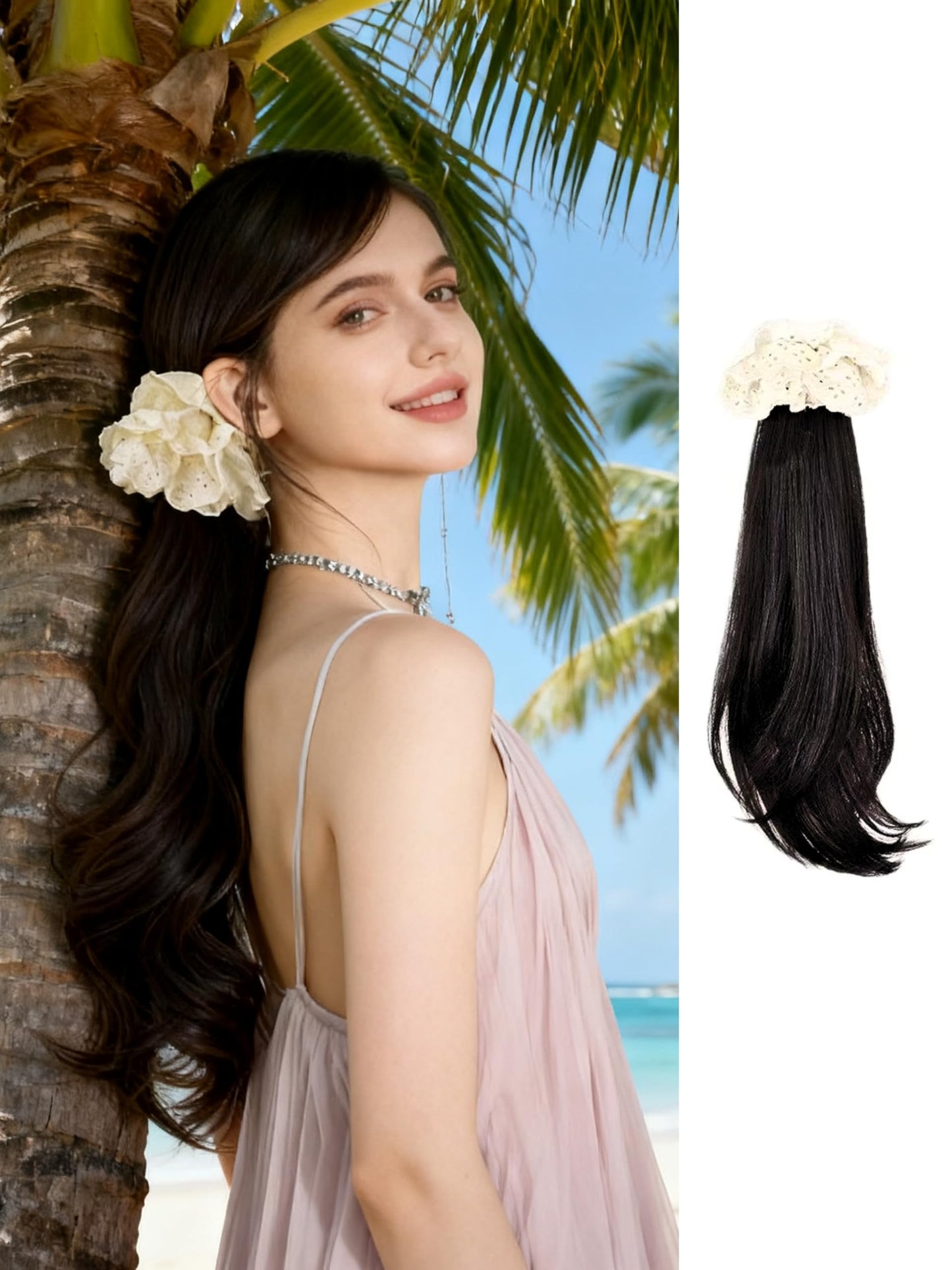 15 Inch Long Ponytail Extension with Scrunchie Non-Slip Fluffy Soft Synthetic Claw Clip Ponytail Hairpiece for Women Vacation Date Christmas Party Cosplay Concert Wedding