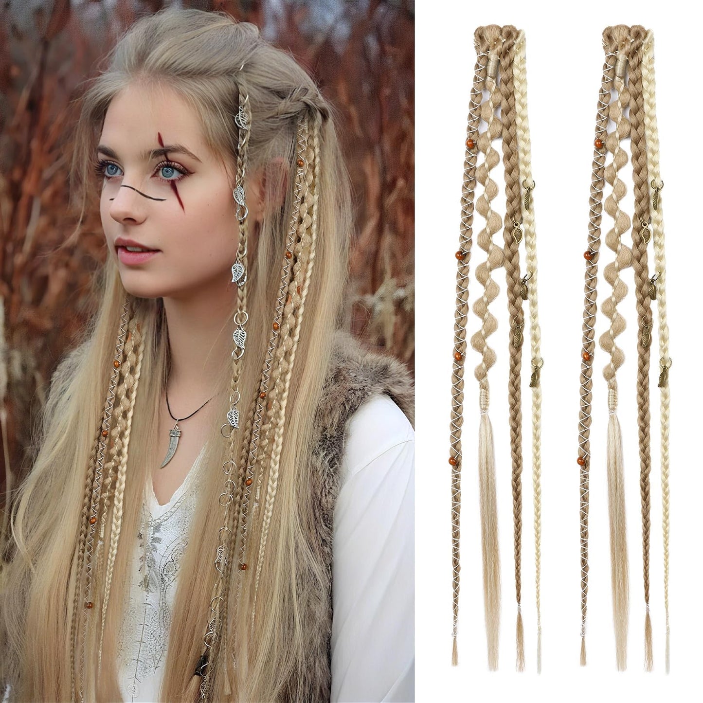 Clip in Braids for Women, 16" Boho Dreadlock Clip in Braids with Beads & Charms, 2PCS Handmade Synthetic Braided Hairpieces for Cosplay Daily Styling Music Festival