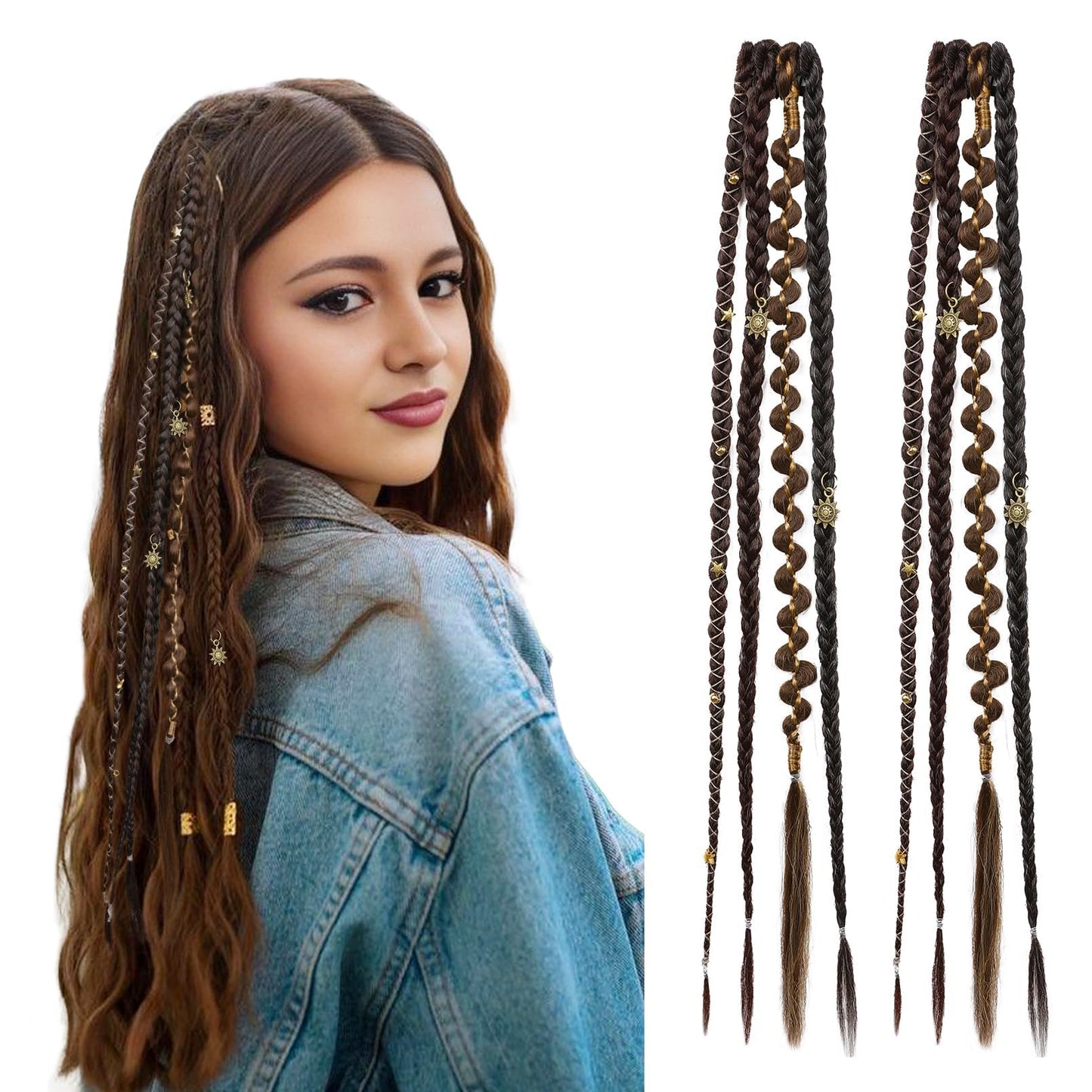 Clip in Braids for Women, 16" Boho Dreadlock Clip in Braids with Beads & Charms, 2PCS Handmade Synthetic Braided Hairpieces for Cosplay Daily Styling Music Festival