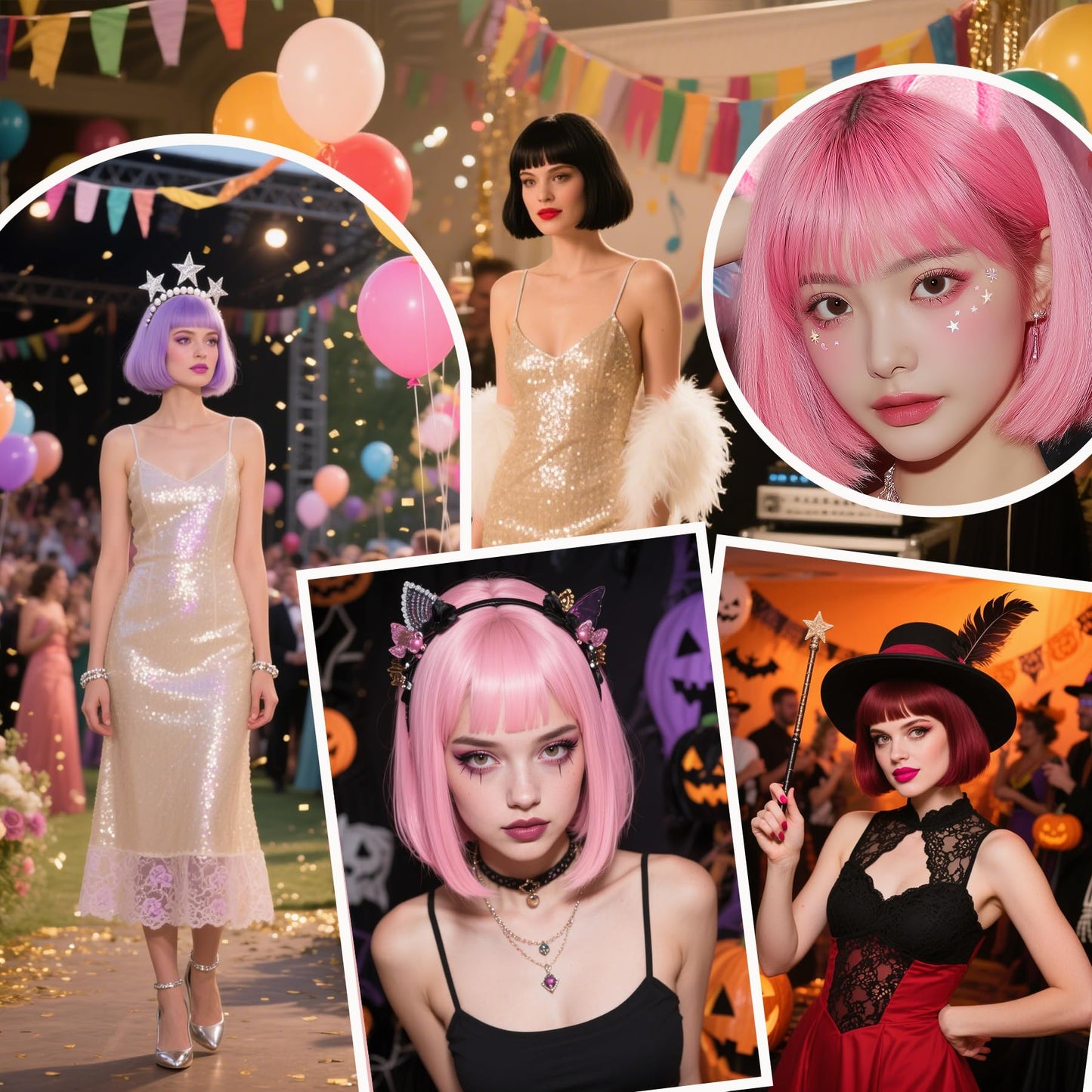 12" Short bob wig with bangs, Black / Pink Wig for women Daily Use