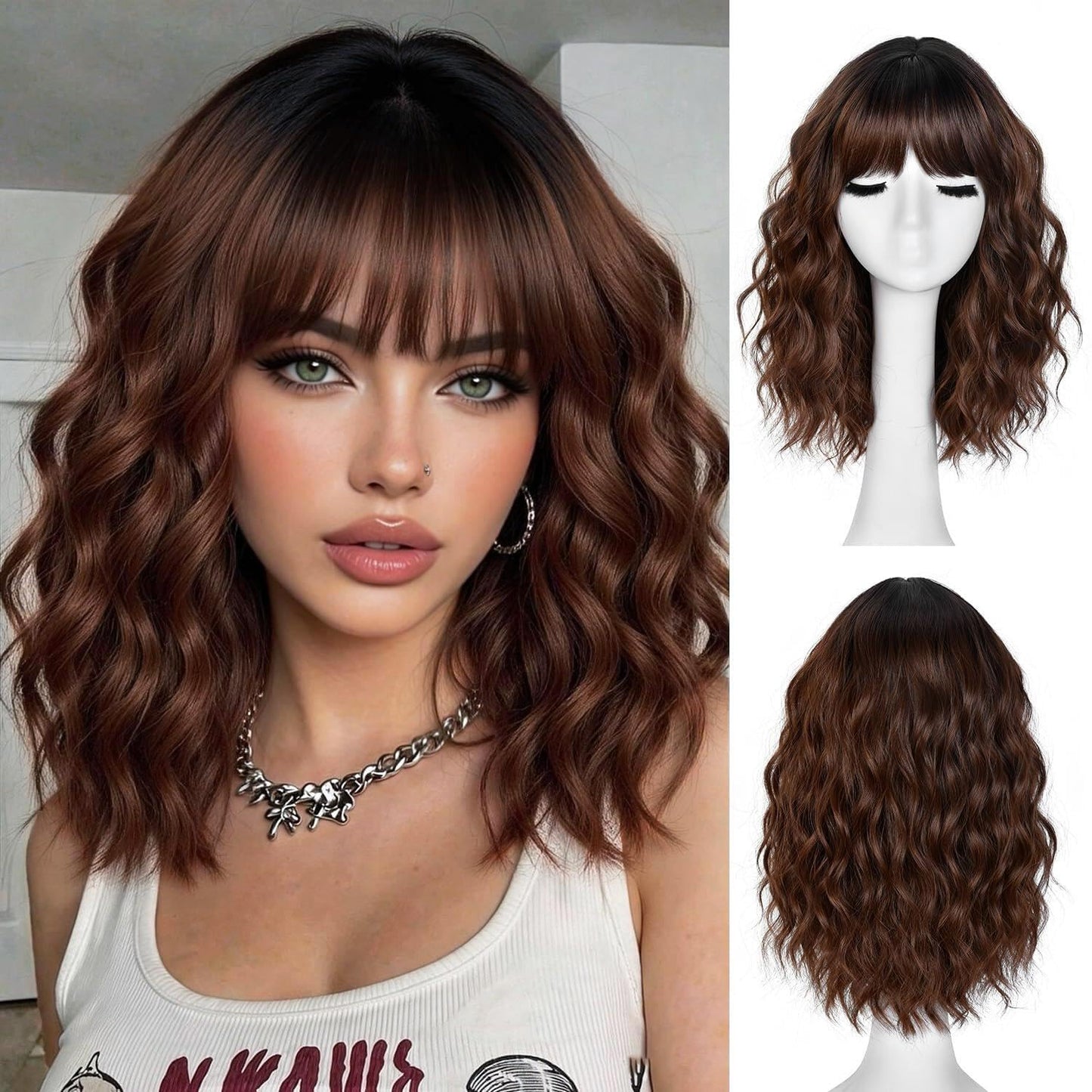 Short Wavy Wig with Bangs for Women