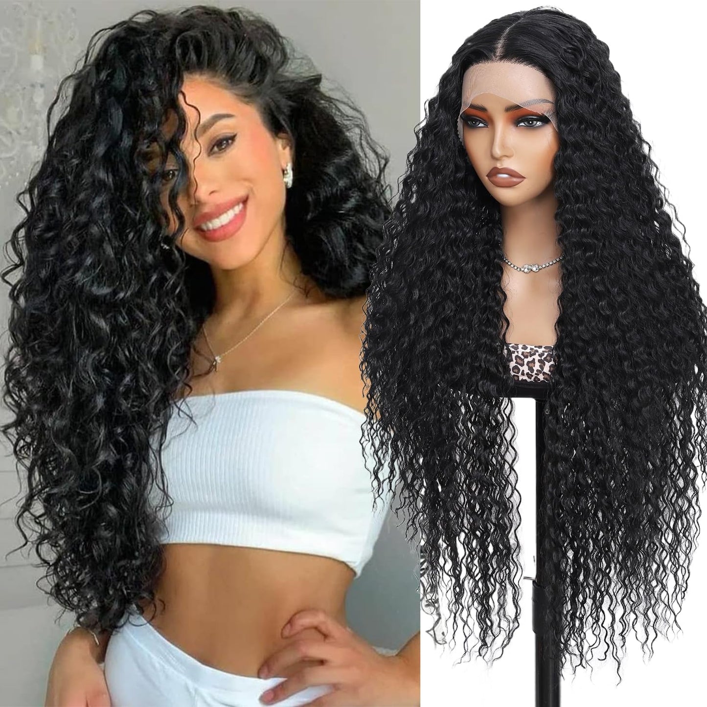 Deep Wave Synthetic Lace Front Wigs Long Curly Wigs for Women 34 inch Natural Looking Middle Wig for Daily Party Use