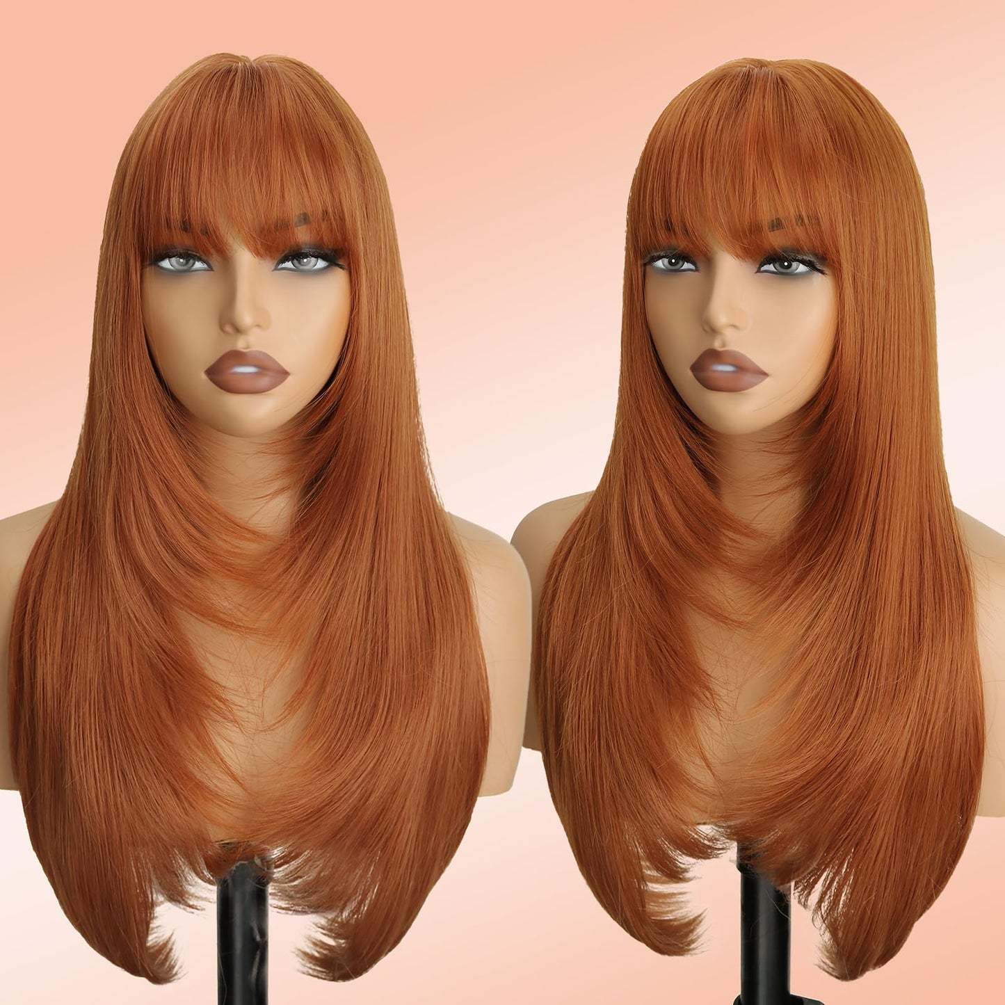 Long Straight Layered Wig with Bangs for Women