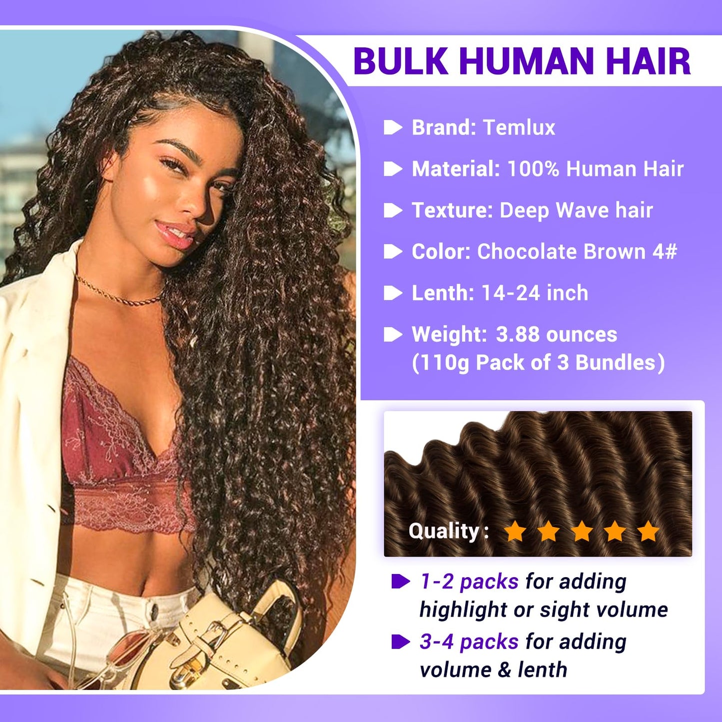Human Braiding Hair for Boho Braids 110g 20 Inch Deep Wave Boho Bulk Human Hair for Braiding Knotless 12A Wet and Wavy Bohemian 3 No Weft Bundles/Pack Curly Braids