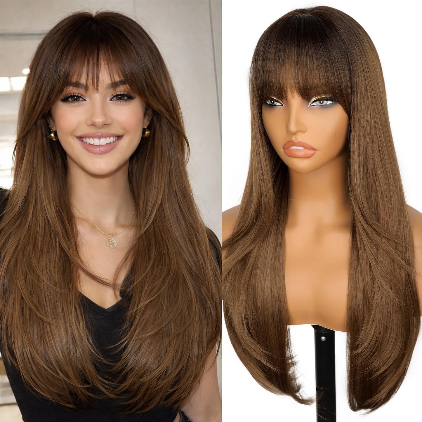 26" Long Layered Wig for Women with Bangs | Realistic Scalp | Freestyle Parting | Heat-Resistant Synthetic Hair