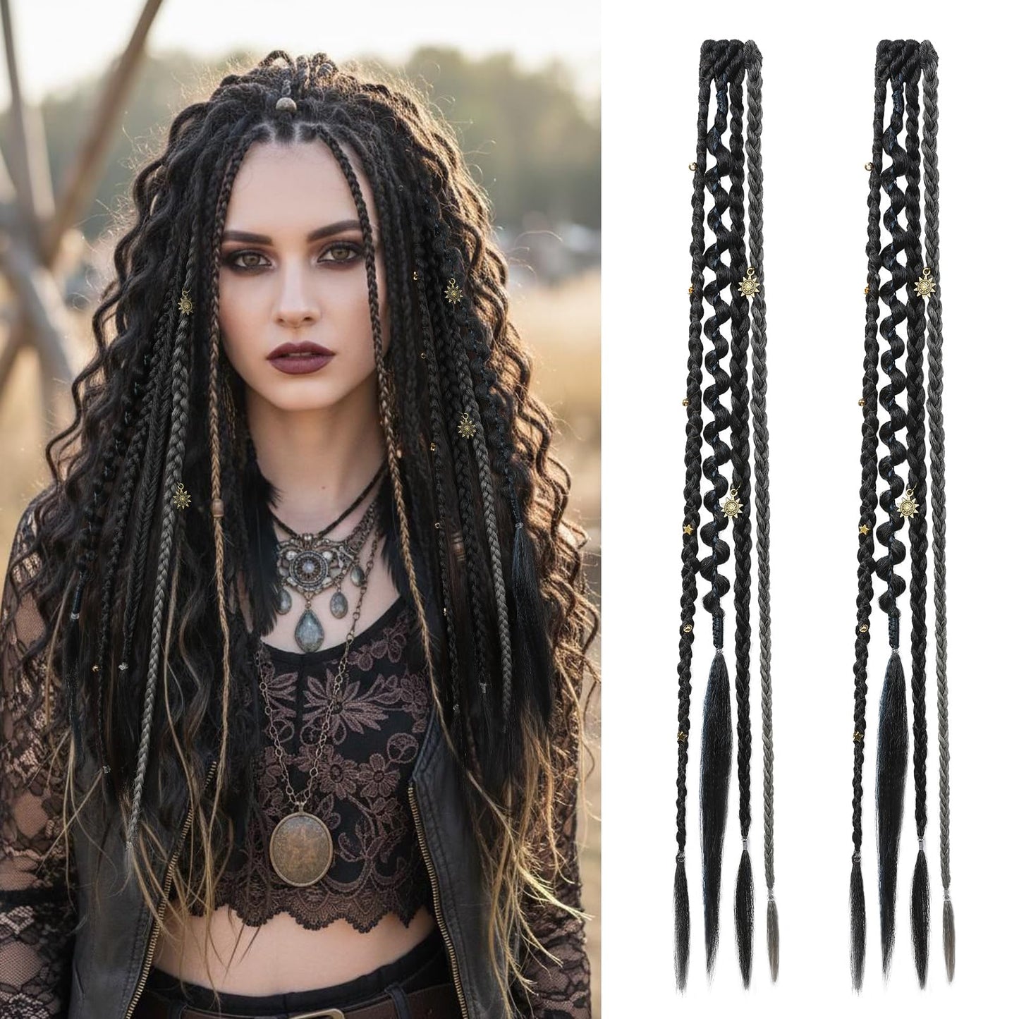 Clip in Braids for Women, 16" Boho Dreadlock Clip in Braids with Beads & Charms, 2PCS Handmade Synthetic Braided Hairpieces for Cosplay Daily Styling Music Festival