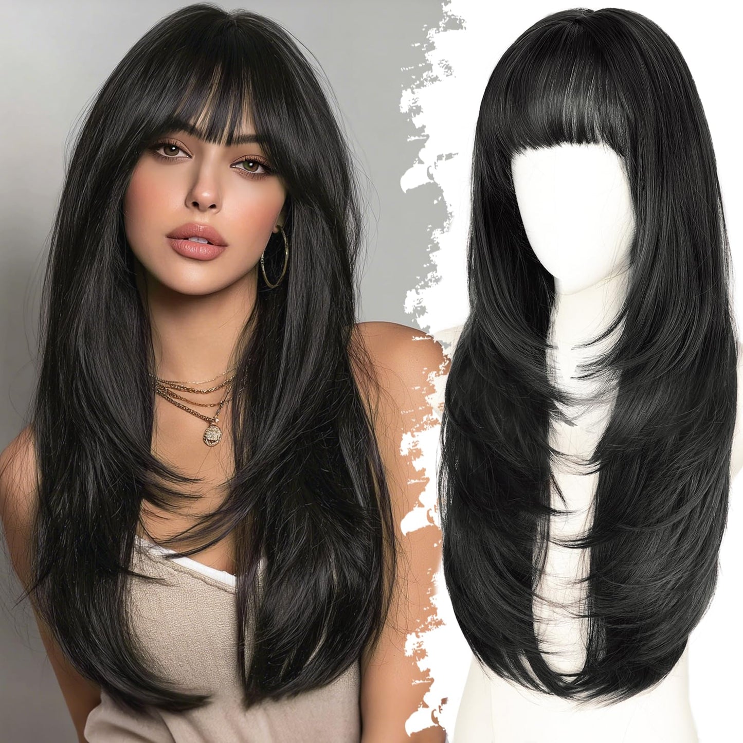 Long Wig with Bangs for Women,Layered Hairstyle Synthetic Heat Resistant for Daily Party Use