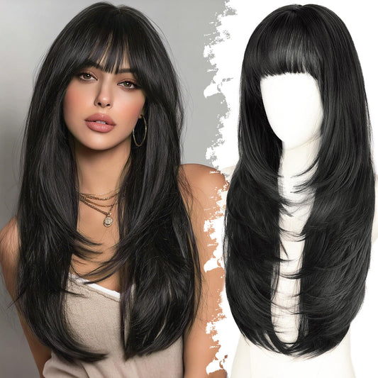 Long Wig with Bangs for Women,Layered Hairstyle Synthetic Heat Resistant for Daily Party Use