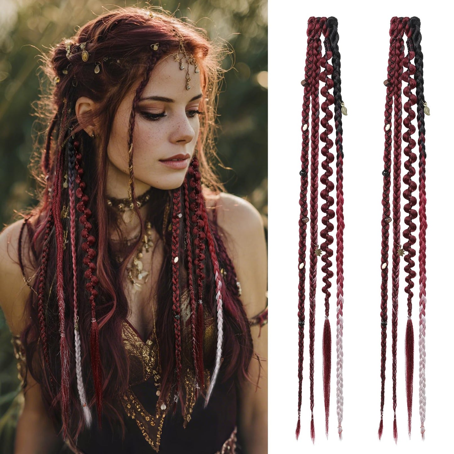 Clip in Braids for Women, 16" Boho Dreadlock Clip in Braids with Beads & Charms, 2PCS Handmade Synthetic Braided Hairpieces for Cosplay Daily Styling Music Festival