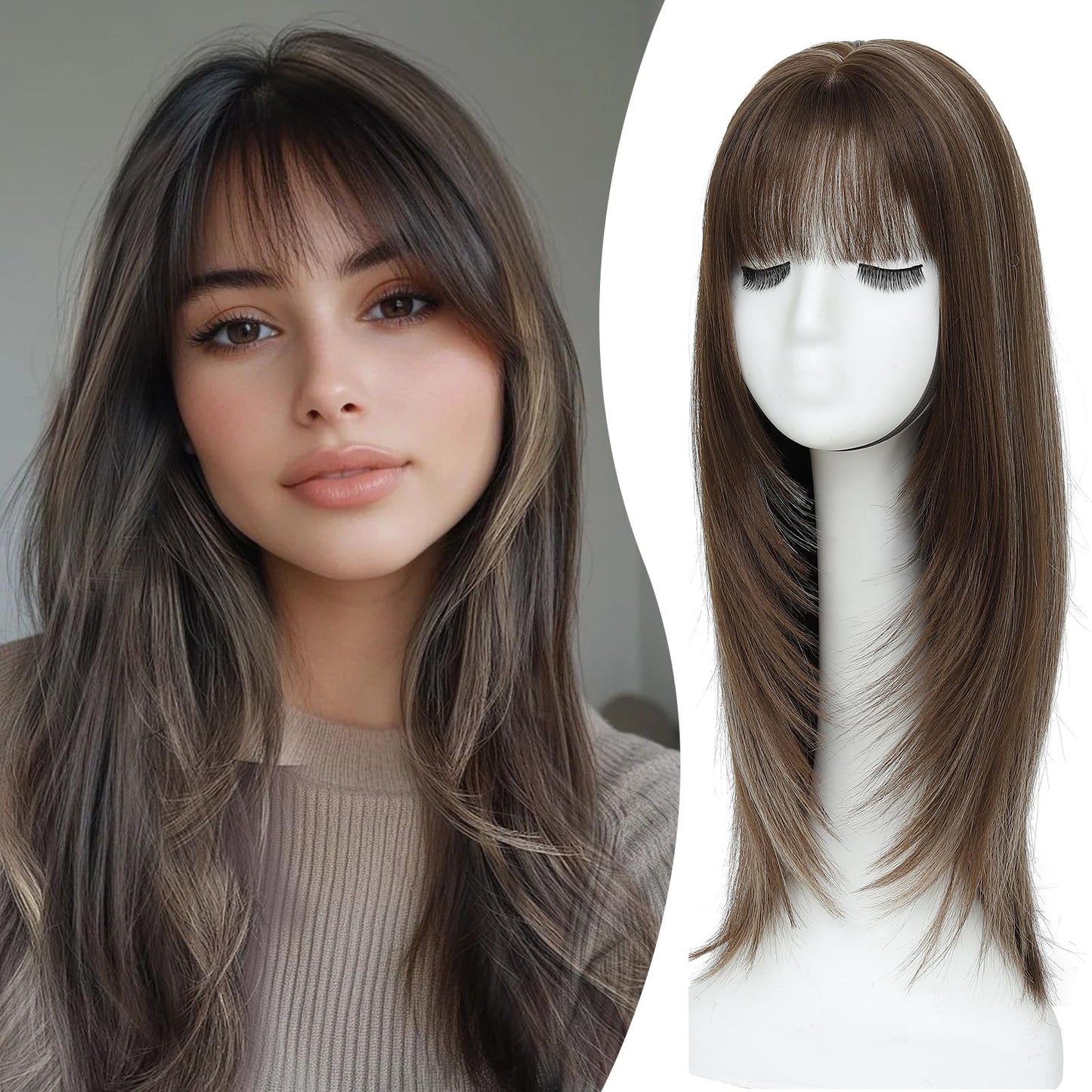 Hair Topper,360° 3D Hair Toppers for Women with Thinning,7"X 8" Large Base 22 Inch Long Layered Synthetic Wig with Bangs for Daily Use