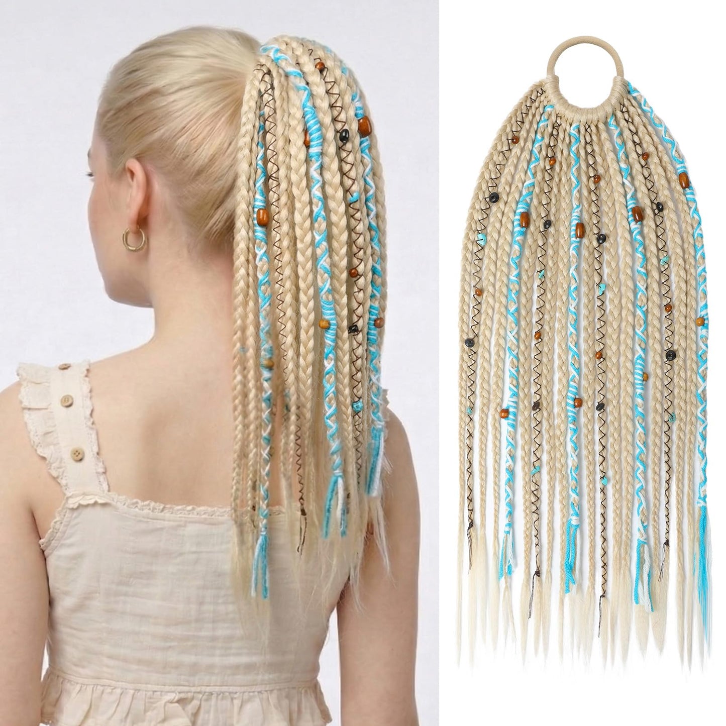 Braided Ponytail Extension on Hair Tie, 16" Full Volume Lightweight Viking Dreadlock Ponytail Braid in Dreadlock Extensions with Beads and Shells, Festival Hair Accessories for Women Girls