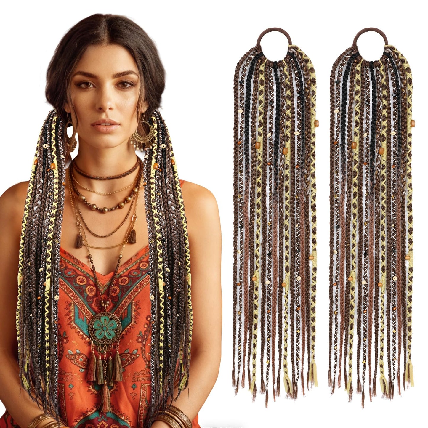 Boho Braided Ponytail Extension with Hair Tie, 24" Long Viking Dreadlock Beads Ponytail Hand-braided Braids Hair Extensions Lightweight Natural Synthetic Hairpiece for Festival Cosplay