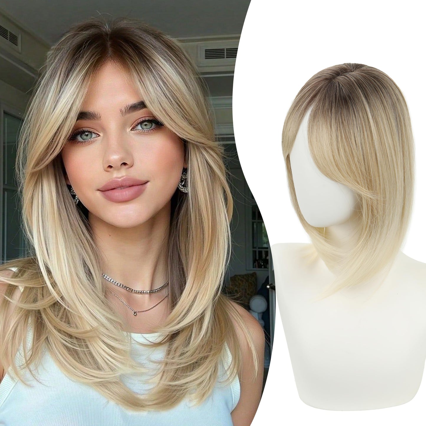 XC CLOUDS Synthetic Hair Topper with Bangs 14 Inch Hair Toppers for Women 5.5" x 5" hand Tied Forehead Hairline 360° 3D Cover Wispy Synthetic hair toppers for thinning hair in Blunt Wispy Bangs